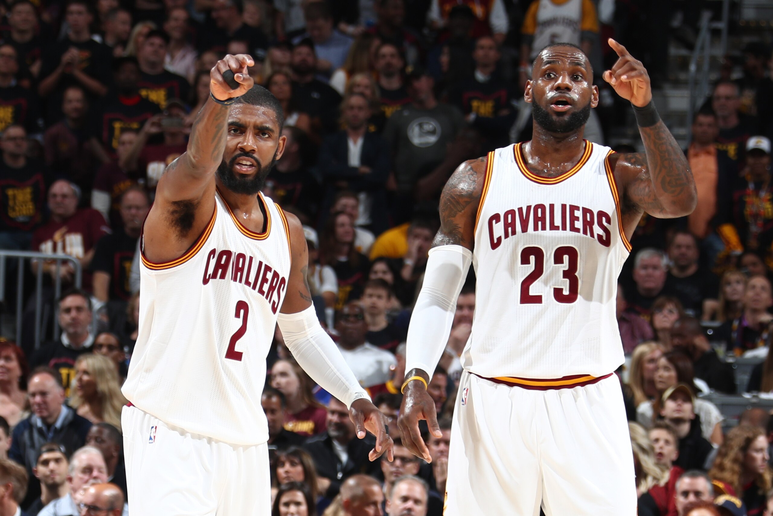 CLEVELAND, OH - JUNE 7:  Kyrie Irving #2 and LeBron James #23 of the Cleveland Cavaliers looks on during the game against the Golden State Warriors in Game Three of the 2017 NBA Finals on June 7, 2017 at Quicken Loans Arena in Cleveland, Ohio. NOTE TO USE