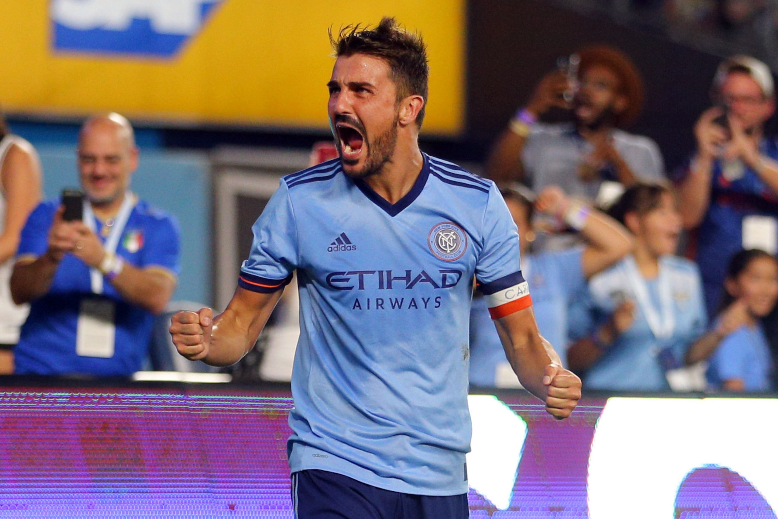 Aug 20, 2017; New York, NY, USA; New York City FC forward David Villa (7) celebrates a stoppage time goal by New York City FC forward Jonathan Lewis (not pictured) during the second half against the New England Revolution at Yankee Stadium. Mandatory Cred Aug 20, 2017; New York, NY, USA; New York City FC forward David Villa (7) celebrates a stoppage time goal by New York City FC forward Jonathan Lewis (not pictured) during the second half against the New England Revolution at Yankee Stadium. Mandatory Cred