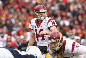 PASADENA, CA - JANUARY 02:  Quarterback Sam Darnold #14 of the USC Trojans looks on against the Penn State Nittany Lions during the 2017 Rose Bowl Game presented by Northwestern Mutual at the Rose Bowl on January 2, 2017 in Pasadena, California.  (Photo b