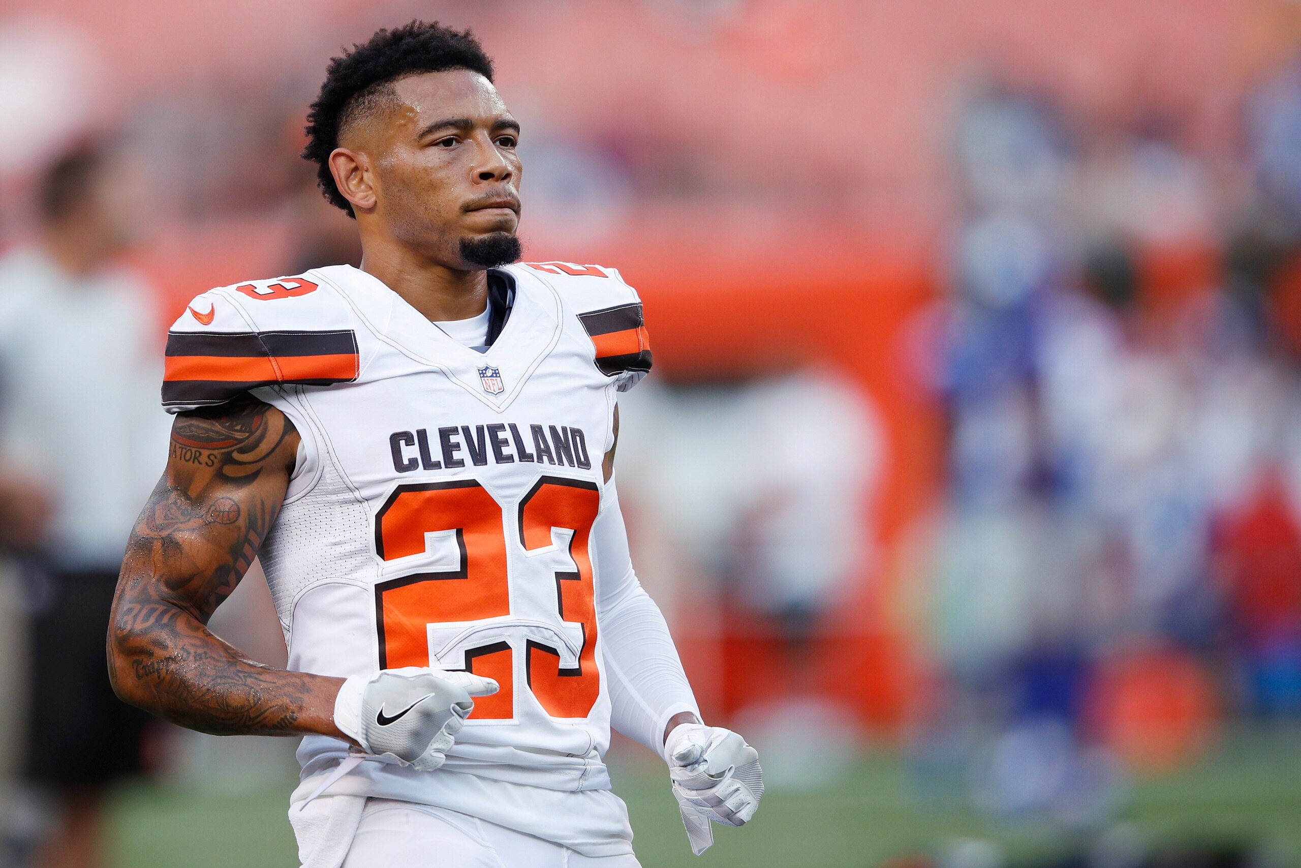 CLEVELAND, OH - AUGUST 21: Joe Haden #23 of the Cleveland Browns looks on during a preseason game against the New York Giants at FirstEnergy Stadium on August 21, 2017 in Cleveland, Ohio. (Photo by Joe Robbins/Getty Images)