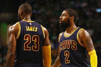 BOSTON, MA - MAY 25:  Kyrie Irving #2 of the Cleveland Cavaliers reacts in the first half against the Boston Celtics during Game Five of the 2017 NBA Eastern Conference Finals at TD Garden on May 25, 2017 in Boston, Massachusetts. NOTE TO USER: User expre