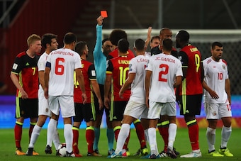 BRUSSELS, BELGIUM - AUGUST 31:  Axel Witsel of Belgium is show a red card by referee, Neil Doyle during the FIFA 2018 World Cup Qualifier between Belgium and Gibraltar at Stade Maurice Dufrasne on August 31, 2017 in Liege, Belgium.  (Photo by Dean Mouhtar