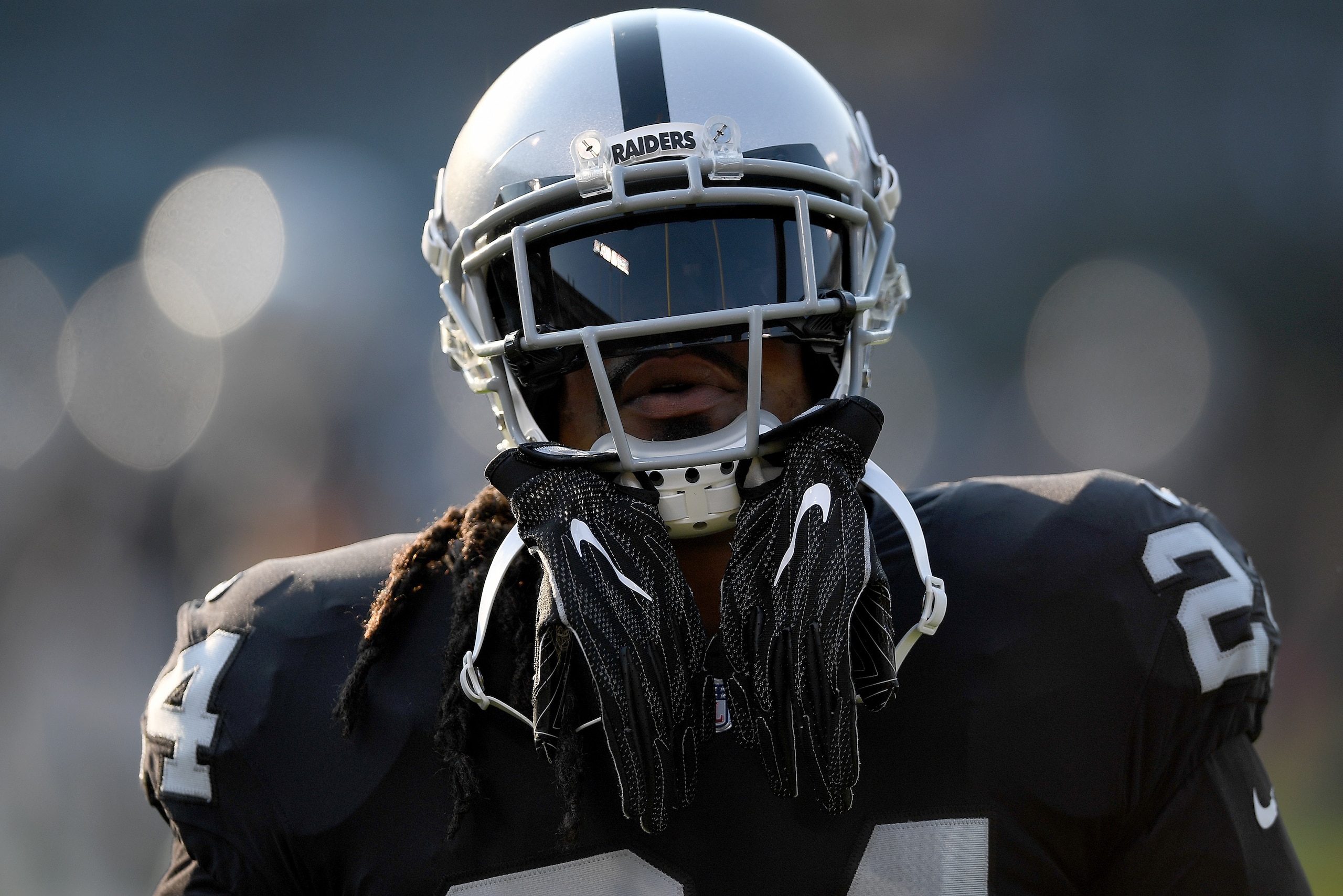 OAKLAND, CA - AUGUST 19:  Marshawn Lynch #24 of the Oakland Raiders looks on during pregame warm ups prior to playing the Los Angeles Rams in an NFL preseason football game at Oakland-Alameda County Coliseum on August 19, 2017 in Oakland, California.  (Ph