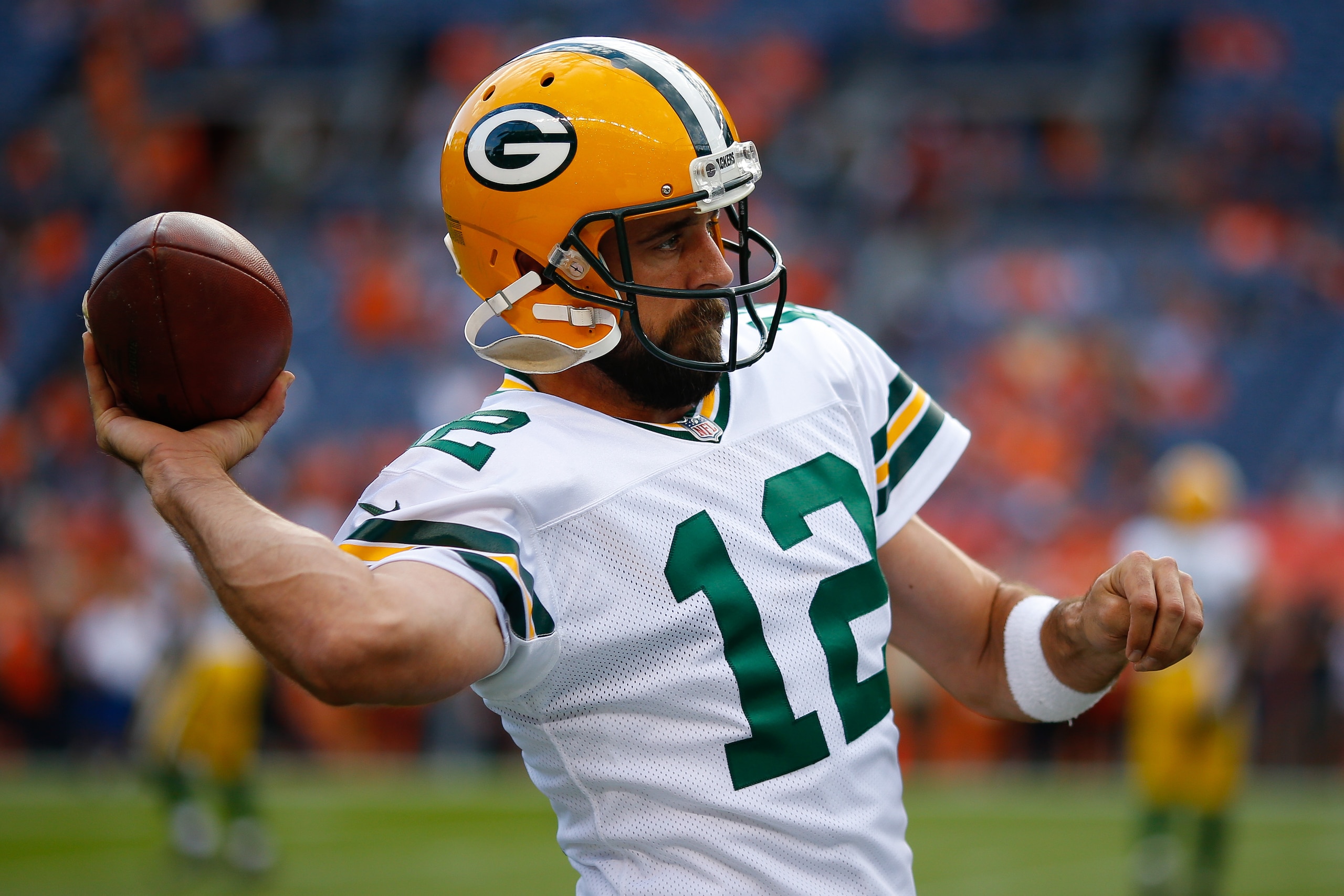 DENVER, CO - AUGUST 26:  Quarterback Aaron Rodgers #12 of the Green Bay Packers warms up before a Preseason game against the Denver Broncos at Sports Authority Field at Mile High on August 26, 2017 in Denver, Colorado. (Photo by Justin Edmonds/Getty Image