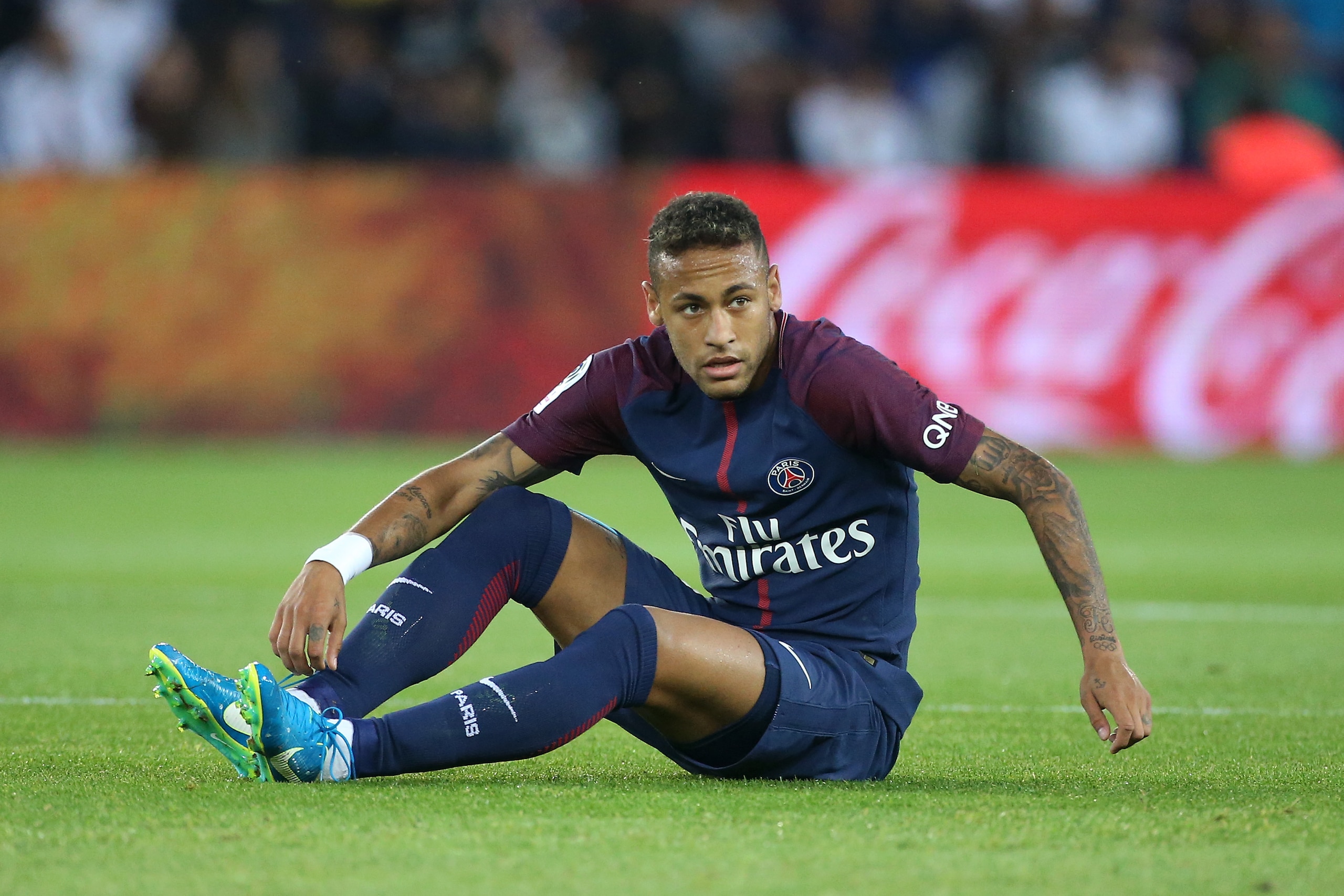 PARIS, FRANCE - AUGUST 25: Neymar Jr of PSG during the French Ligue 1 match between Paris Saint Germain (PSG) and AS Saint-Etienne (ASSE) at Parc des Princes on August 25, 2017 in Paris, France. (Photo by Jean Catuffe/Getty Images)