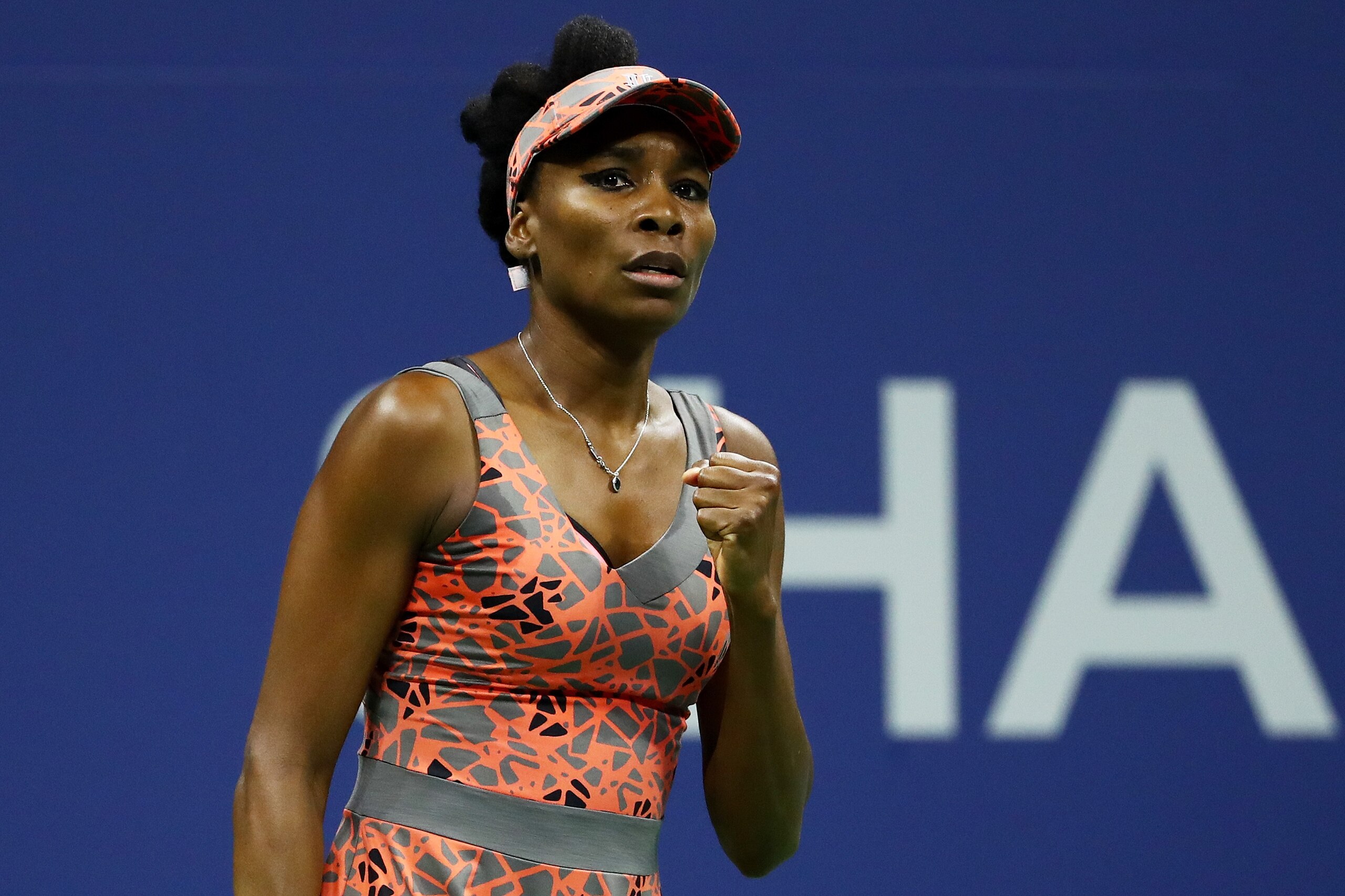 NEW YORK, NY - AUGUST 30: Venus Williams of the United States reacts against Oceane Dodin of France during their second round Women's Singles match on Day Three of the 2017 US Open at the USTA Billie Jean King National Tennis Center on August 30, 2017 in NEW YORK, NY - AUGUST 30: Venus Williams of the United States reacts against Oceane Dodin of France during their second round Women's Singles match on Day Three of the 2017 US Open at the USTA Billie Jean King National Tennis Center on August 30, 2017 in