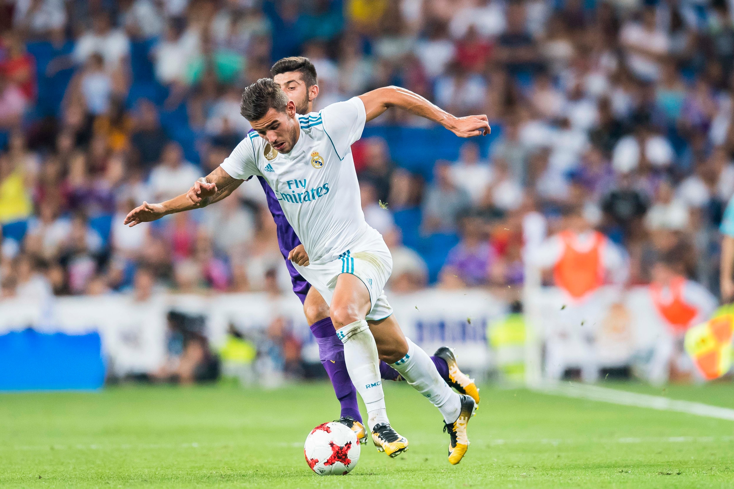 MADRID, SPAIN - AUGUST 23: Theo Hernandez (r) of Real Madrid fights for the ball with Marco Benassi of ACF Fiorentina during the Santiago Bernabeu Trophy 2017 match between Real Madrid and ACF Fiorentina at the Santiago Bernabeu Stadium on 23 August 2017 MADRID, SPAIN - AUGUST 23: Theo Hernandez (r) of Real Madrid fights for the ball with Marco Benassi of ACF Fiorentina during the Santiago Bernabeu Trophy 2017 match between Real Madrid and ACF Fiorentina at the Santiago Bernabeu Stadium on 23 August 2017