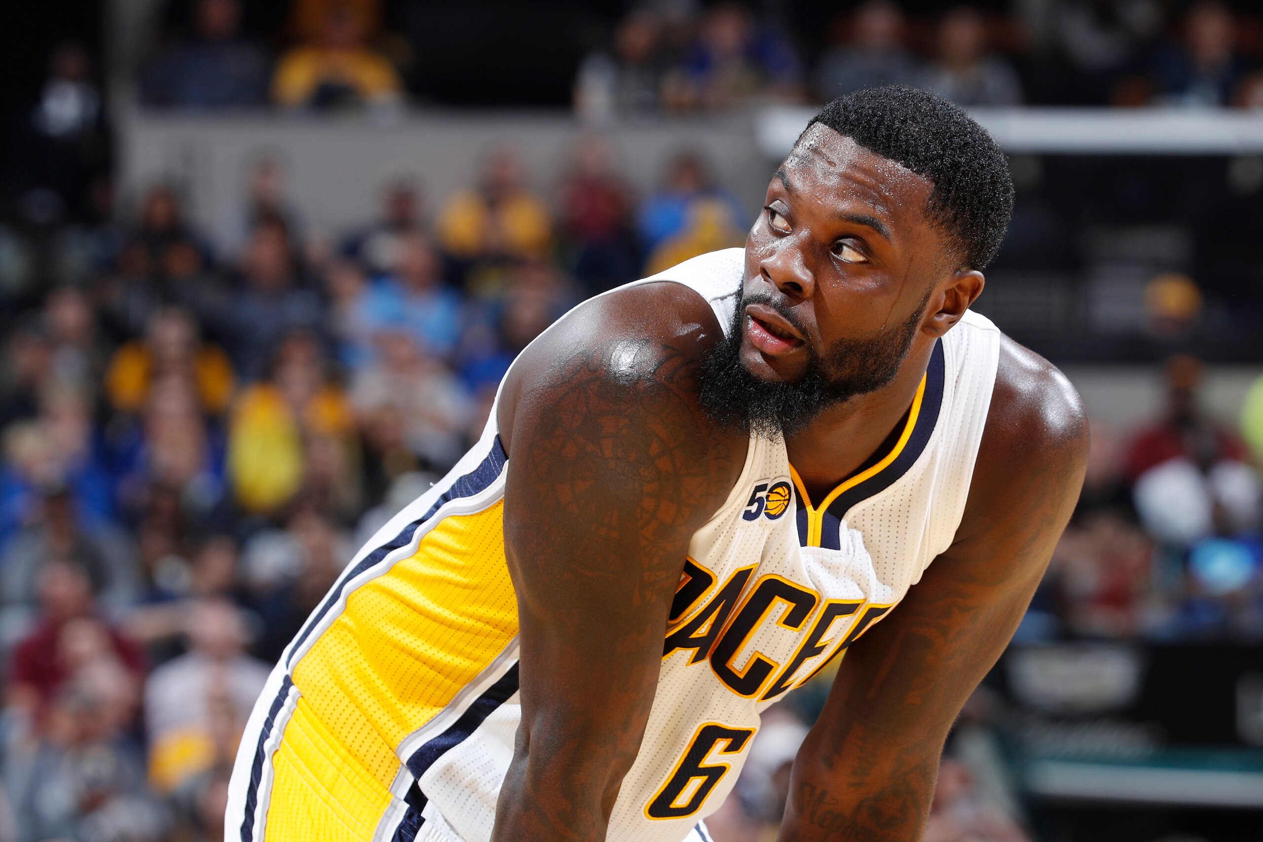 INDIANAPOLIS, IN - APRIL 23: Lance Stephenson #6 of the Indiana Pacers looks on against the Cleveland Cavaliers in Game Four of the Eastern Conference Quarterfinals during the 2017 NBA Playoffs at Bankers Life Fieldhouse on April 23, 2017 in Indianapolis, INDIANAPOLIS, IN - APRIL 23: Lance Stephenson #6 of the Indiana Pacers looks on against the Cleveland Cavaliers in Game Four of the Eastern Conference Quarterfinals during the 2017 NBA Playoffs at Bankers Life Fieldhouse on April 23, 2017 in Indianapolis,