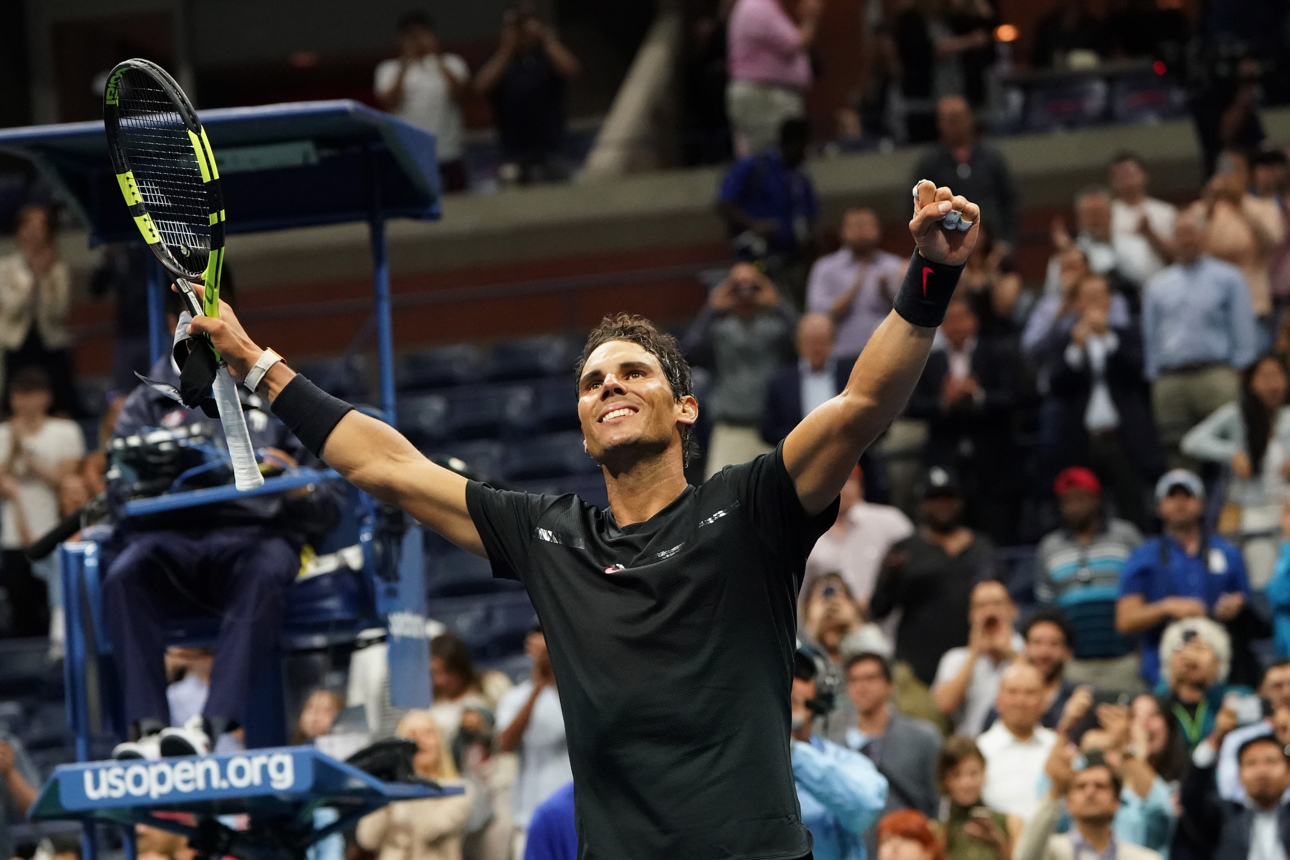 Rafael Nadal of Spain celebrates his victory over Taro Daniel of Japan during their 2017 US Open Men's Singles match at the USTA Billie Jean King National Tennis Center in New York on August 31, 2017.
   / AFP PHOTO / DON EMMERT        (Photo credit shoul