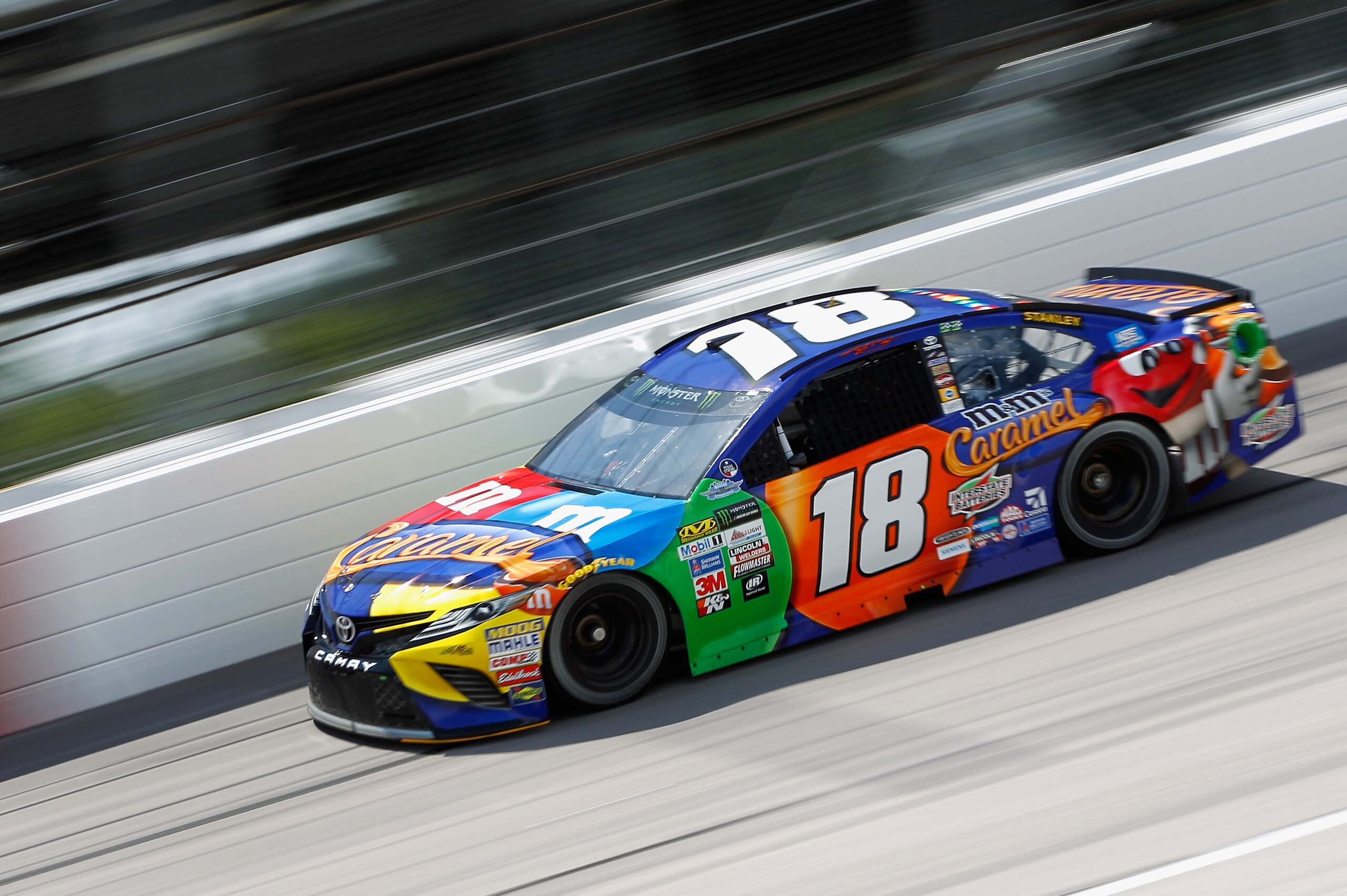 DARLINGTON, SC - SEPTEMBER 01:  Kyle Busch, driver of the #18 M&M's Caramel Toyota, practices for the Monster Energy NASCAR Cup Series Bojangles' Southern 500 at Darlington Raceway on September 1, 2017 in Darlington, South Carolina.  (Photo by Brian Lawde