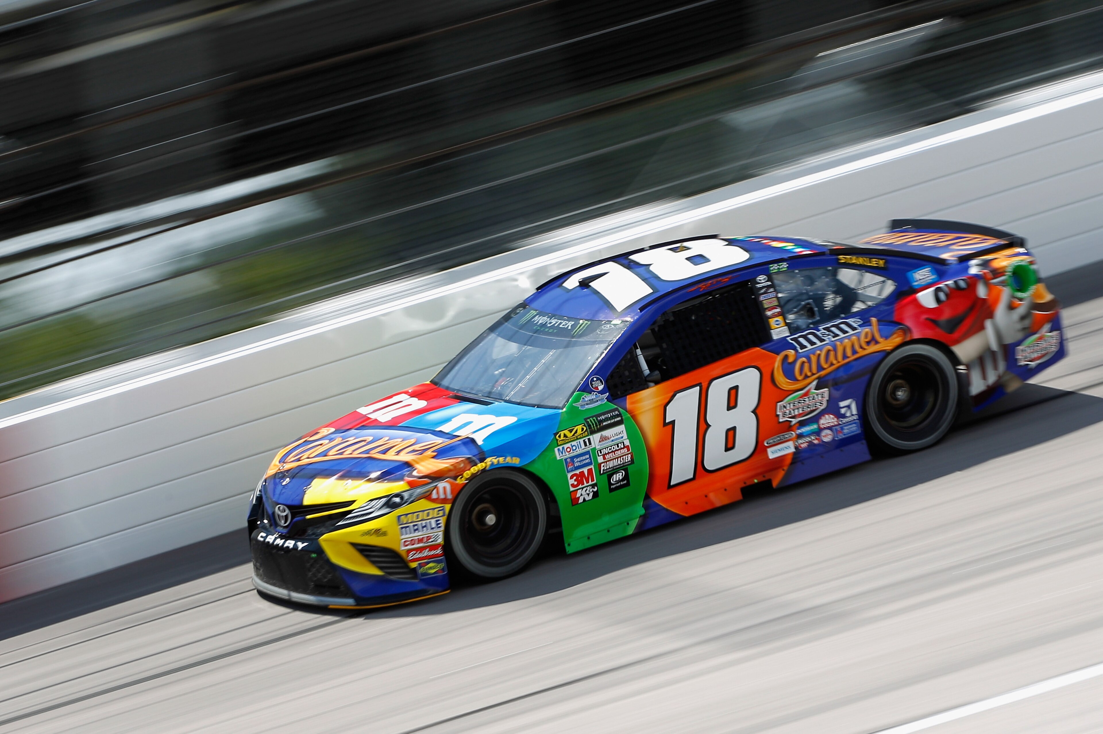 DARLINGTON, SC - SEPTEMBER 01: Kyle Busch, driver of the #18 M&M's Caramel Toyota, practices for the Monster Energy NASCAR Cup Series Bojangles' Southern 500 at Darlington Raceway on September 1, 2017 in Darlington, South Carolina. (Photo by Brian Lawde DARLINGTON, SC - SEPTEMBER 01: Kyle Busch, driver of the #18 M&M's Caramel Toyota, practices for the Monster Energy NASCAR Cup Series Bojangles' Southern 500 at Darlington Raceway on September 1, 2017 in Darlington, South Carolina. (Photo by Brian Lawde