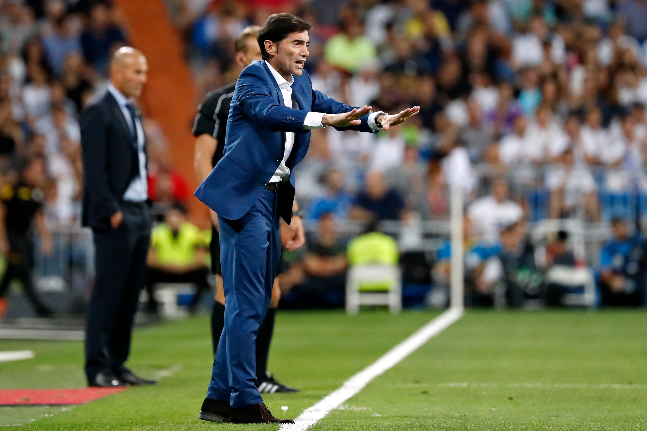 MADRID, SPAIN - AUGUST 27: Head coach Marcelino Garcia Toral of Valencia gestures during the La Liga match between Real Madrid CF and Valencia CF at Estadio Santiago Bernabeu on August 27, 2017 in Madrid, Spain. (Photo by TF-Images/TF-Images via Getty Ima