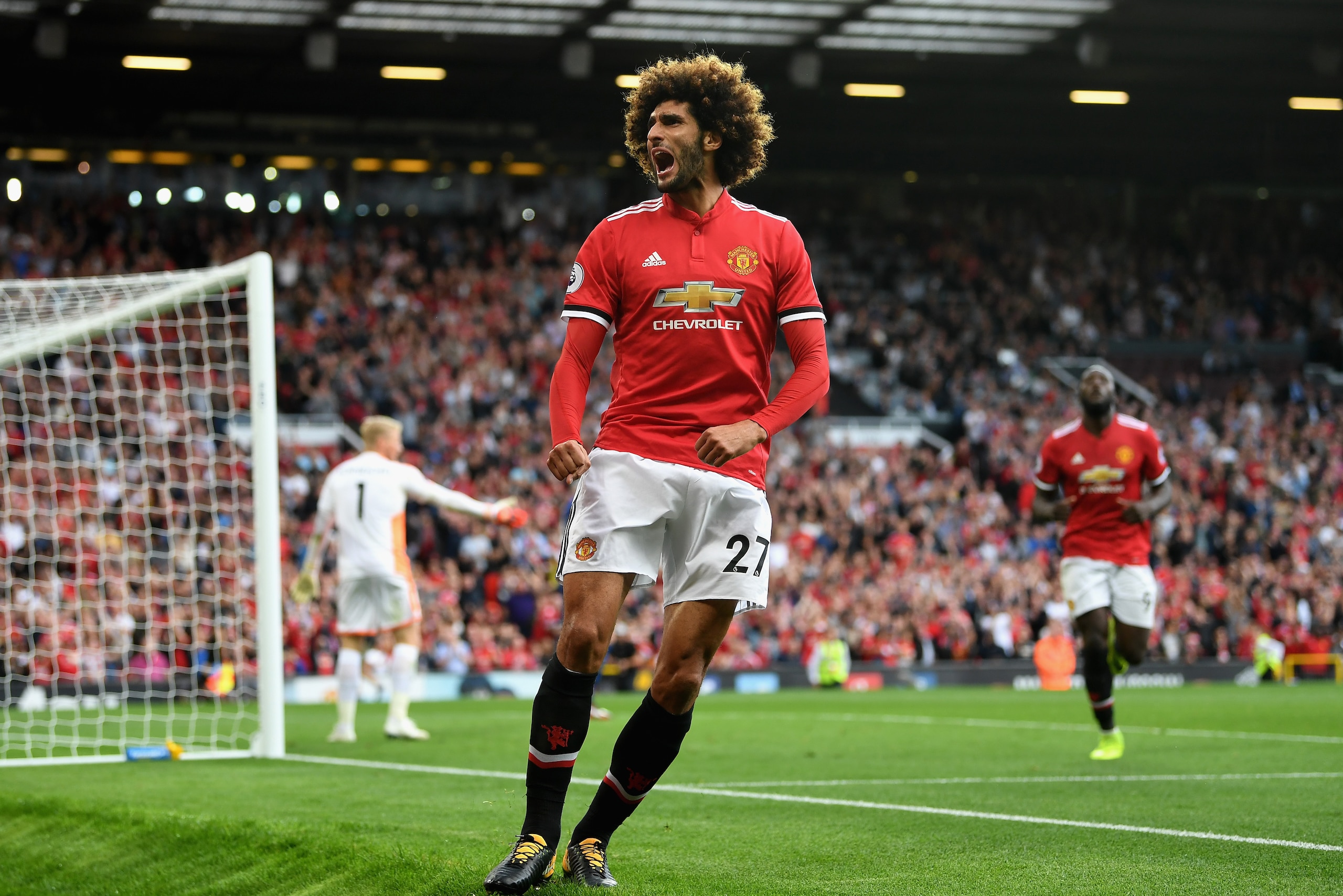 MANCHESTER, ENGLAND - AUGUST 26: Marouane Fellaini of Manchester United celebrates scoring his sides second goal during the Premier League match between Manchester United and Leicester City at Old Trafford on August 26, 2017 in Manchester, England. (Pho MANCHESTER, ENGLAND - AUGUST 26: Marouane Fellaini of Manchester United celebrates scoring his sides second goal during the Premier League match between Manchester United and Leicester City at Old Trafford on August 26, 2017 in Manchester, England. (Pho