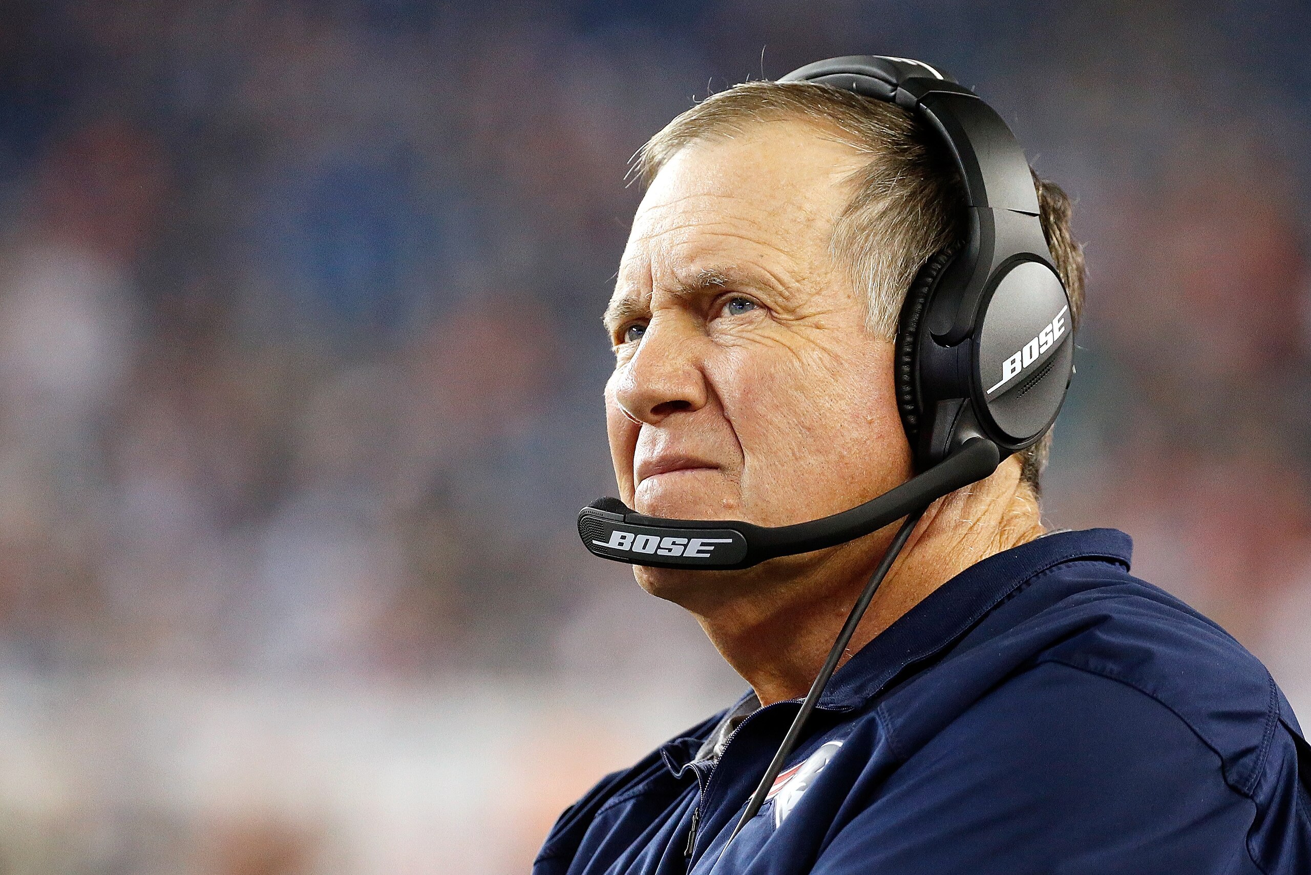 FOXBORO, MA - AUGUST 31: Bill Belichick of the New England Patriots watches the action against the New York Giants in the second half during a preseason game on August 31, 2017 in Foxboro, Massachusetts. (Photo by Jim Rogash/Getty Images)