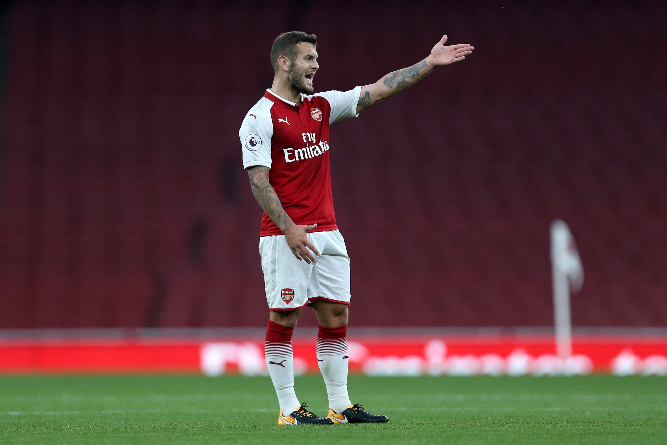 LONDON, ENGLAND - AUGUST 21: Jack Wilshere of Arsenal reacts during the Premier League 2 match between Arsenal v Manchester City at Emirates Stadium on August 21, 2017 in London, England.  (Photo by James Chance/Getty Images)