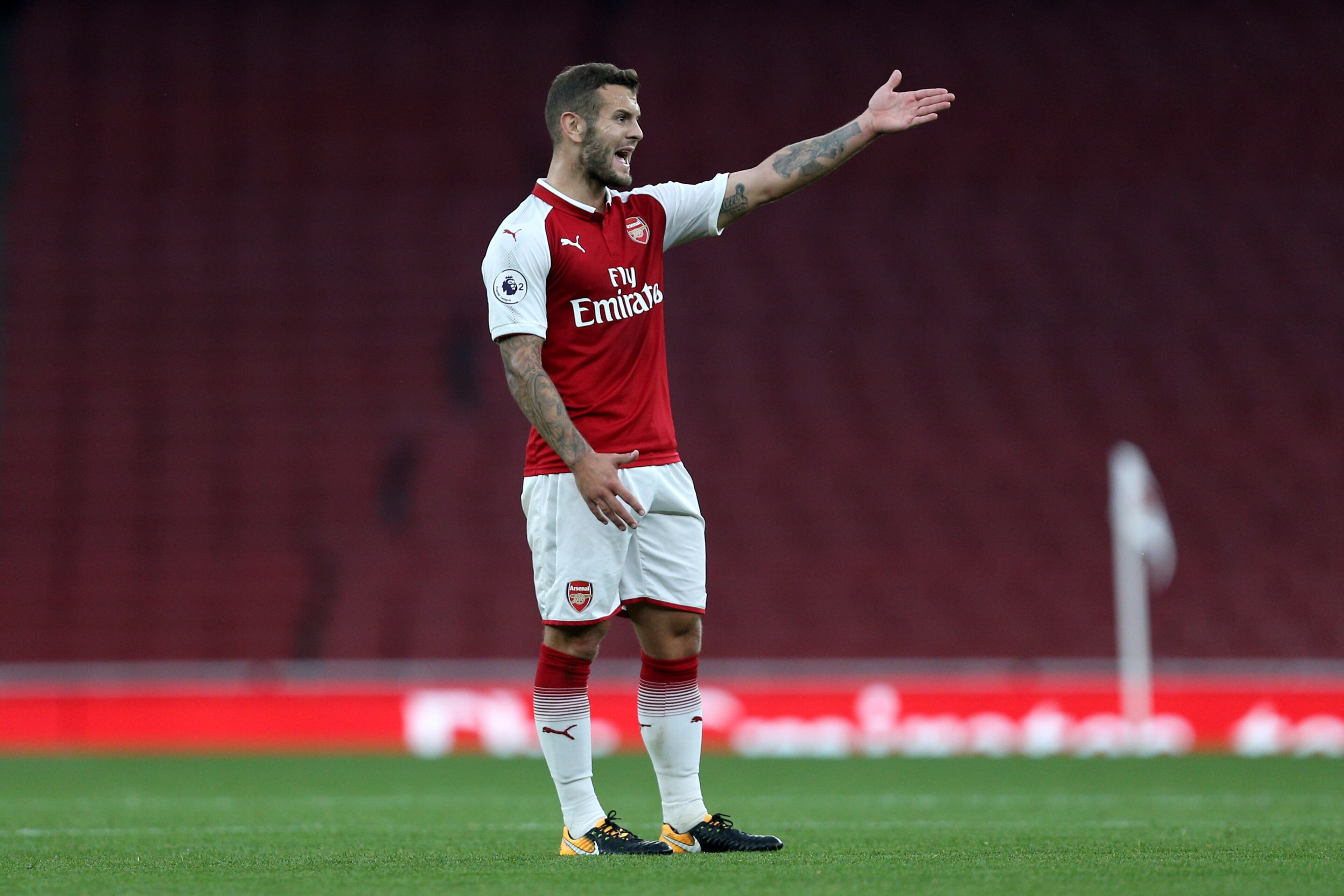 LONDON, ENGLAND - AUGUST 21: Jack Wilshere of Arsenal reacts during the Premier League 2 match between Arsenal v Manchester City at Emirates Stadium on August 21, 2017 in London, England.  (Photo by James Chance/Getty Images)