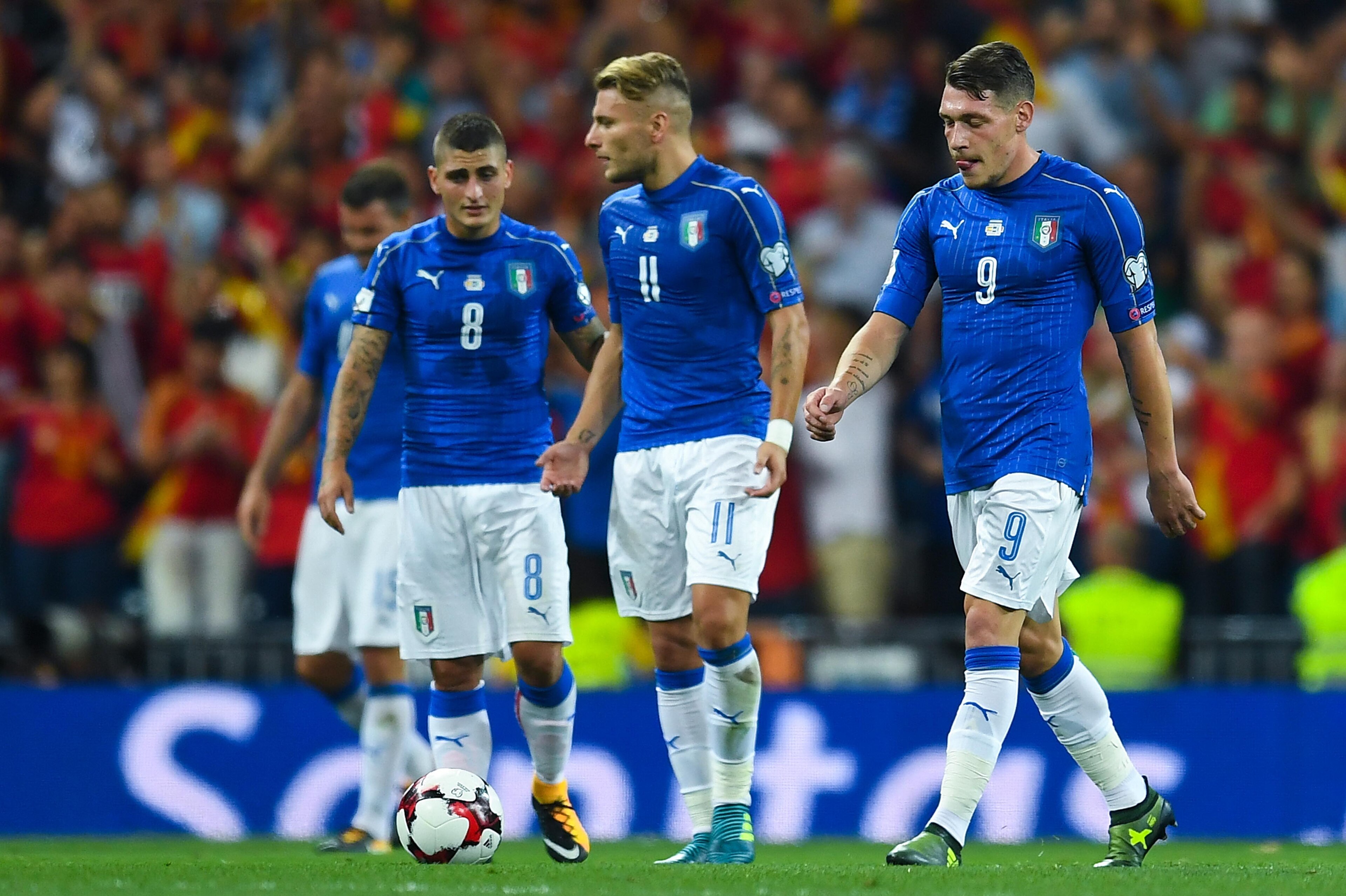 MADRID, SPAIN - SEPTEMBER 02: Andrea Belotti (L) of Italy reacts dejected after Isco of Spai, not in picture, scored his team's second goal during the FIFA 2018 World Cup Qualifier between Spain and Italy at Estadio Santiago Bernabeu on September 2, 2017 MADRID, SPAIN - SEPTEMBER 02: Andrea Belotti (L) of Italy reacts dejected after Isco of Spai, not in picture, scored his team's second goal during the FIFA 2018 World Cup Qualifier between Spain and Italy at Estadio Santiago Bernabeu on September 2, 2017