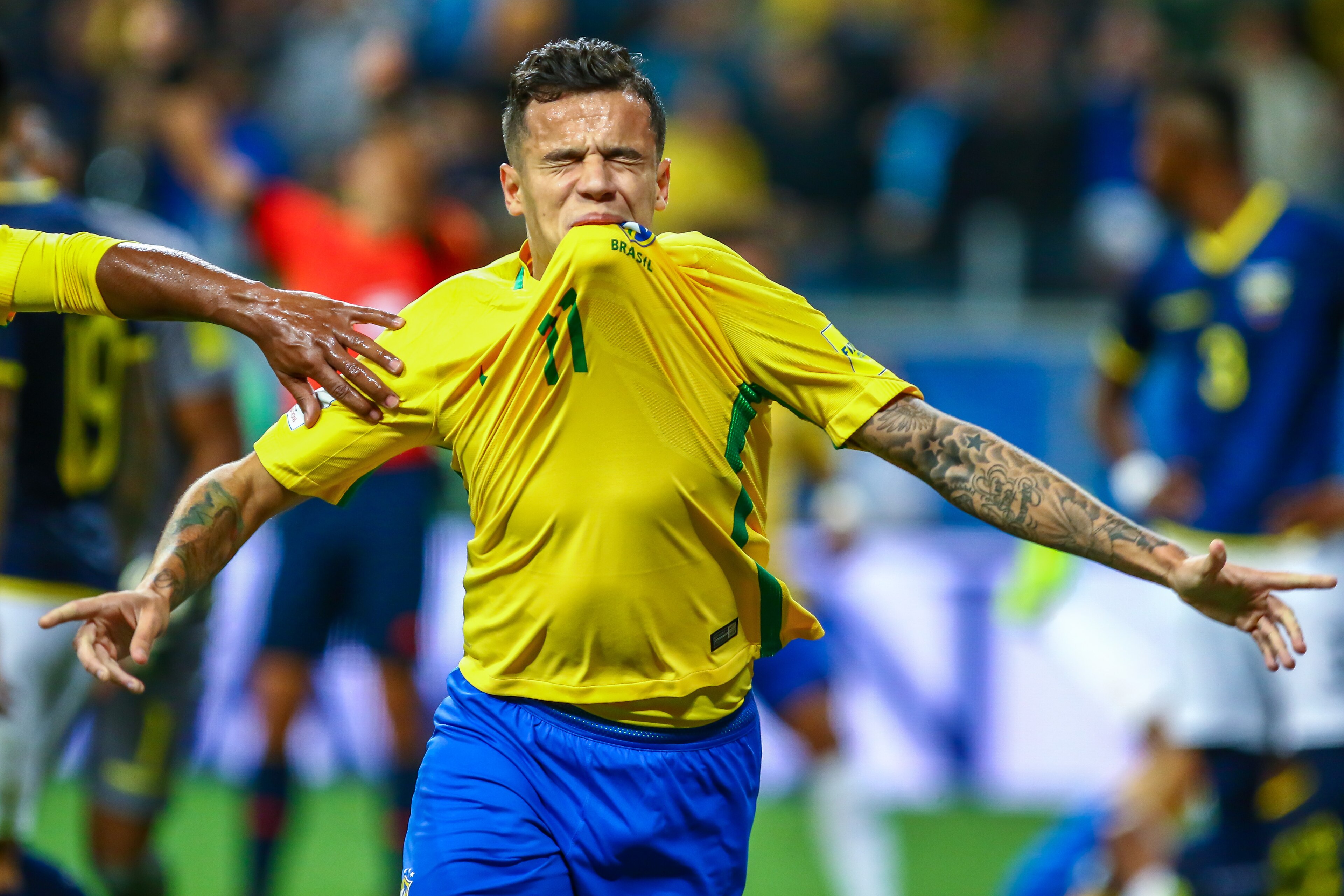 PORTO ALEGRE, BRAZIL - AUGUST 31: Philippe Coutinho of Brazil celebrates their second goal during the match Brazil v Equador - 2018 FIFA World Cup Russia Qualifier, at Arena do Gremio on August 31, 2017, in Porto Alegre, Brazil. (Photo by Lucas Uebel/Gett