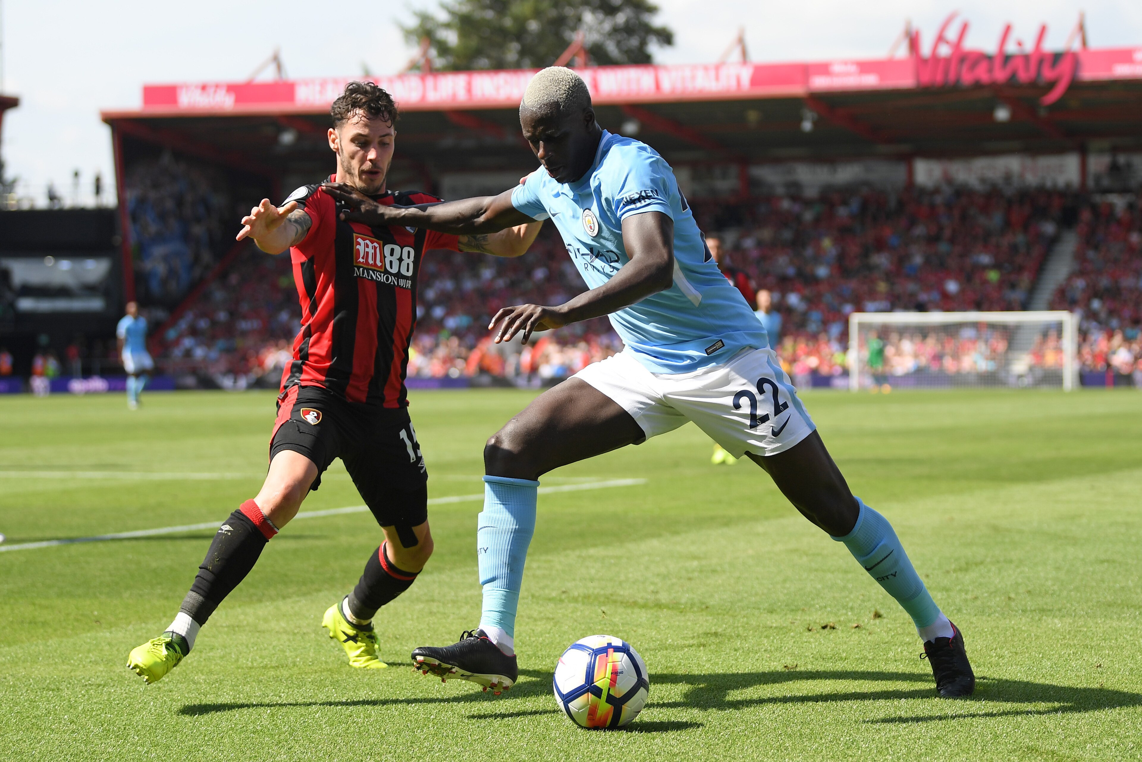 BOURNEMOUTH, ENGLAND - AUGUST 26: Benjamin Mendy of Manchester City holds off Adam Smith of Bournemouth during the Premier League match between AFC Bournemouth and Manchester City at Vitality Stadium on August 26, 2017 in Bournemouth, England. (Photo by BOURNEMOUTH, ENGLAND - AUGUST 26: Benjamin Mendy of Manchester City holds off Adam Smith of Bournemouth during the Premier League match between AFC Bournemouth and Manchester City at Vitality Stadium on August 26, 2017 in Bournemouth, England. (Photo by