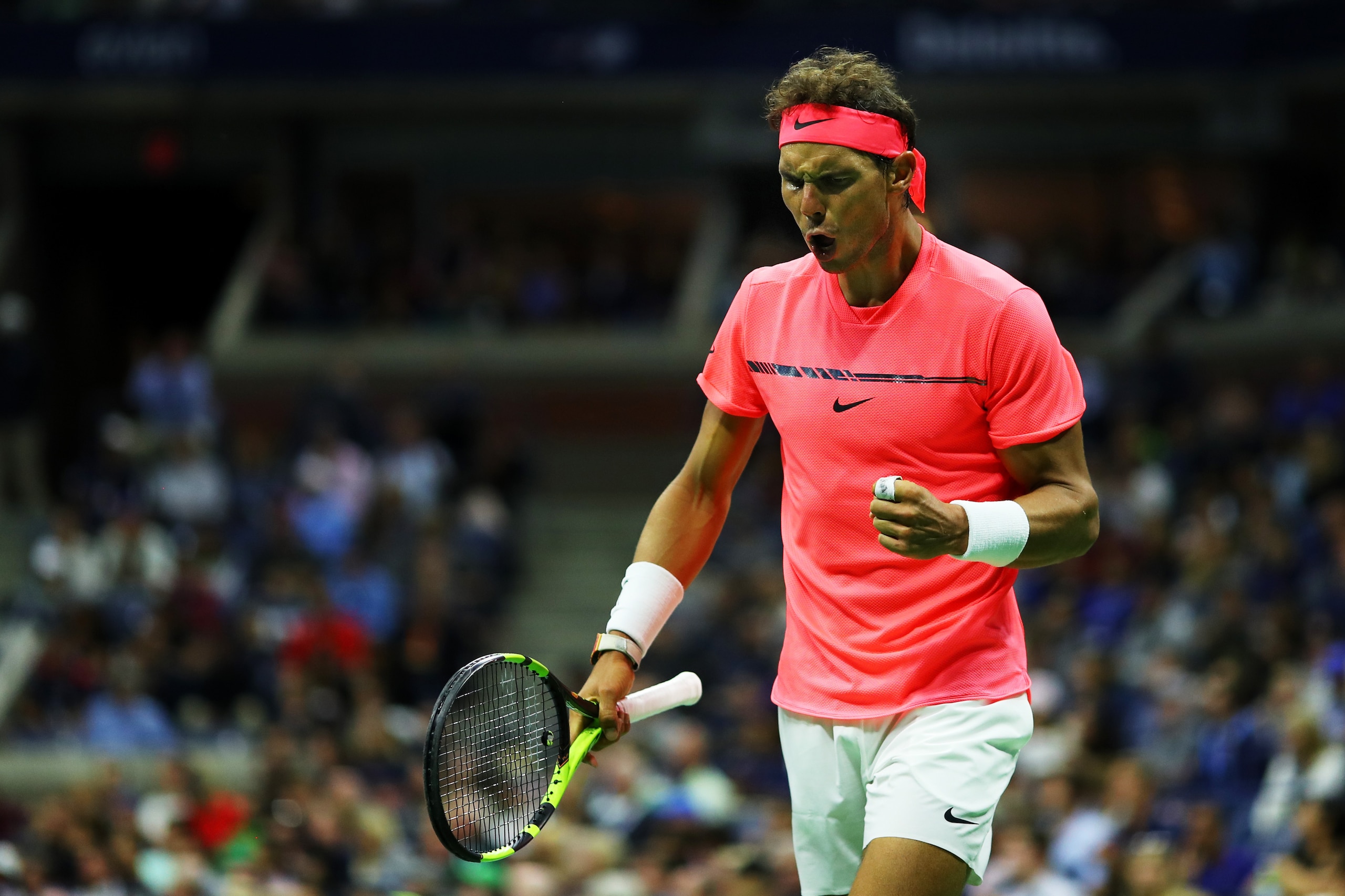 NEW YORK, NY - SEPTEMBER 02: Rafael Nadal of Spain reacts against Leonardo Mayer of Argentina during their third round Men's Singles match on Day Six of the 2017 US Open at the USTA Billie Jean King National Tennis Center on September 2, 2017 in the Flus NEW YORK, NY - SEPTEMBER 02: Rafael Nadal of Spain reacts against Leonardo Mayer of Argentina during their third round Men's Singles match on Day Six of the 2017 US Open at the USTA Billie Jean King National Tennis Center on September 2, 2017 in the Flus