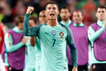 BUDAPEST, HUNGARY - SEPTEMBER 3: Cristiano Ronaldo #7 of Portugal celebrates and thanks for the support of the Portuguese fans after the FIFA 2018 World Cup Qualifier match between Hungary and Portugal at Groupama Arena on September 3, 2017 in Budapest, H