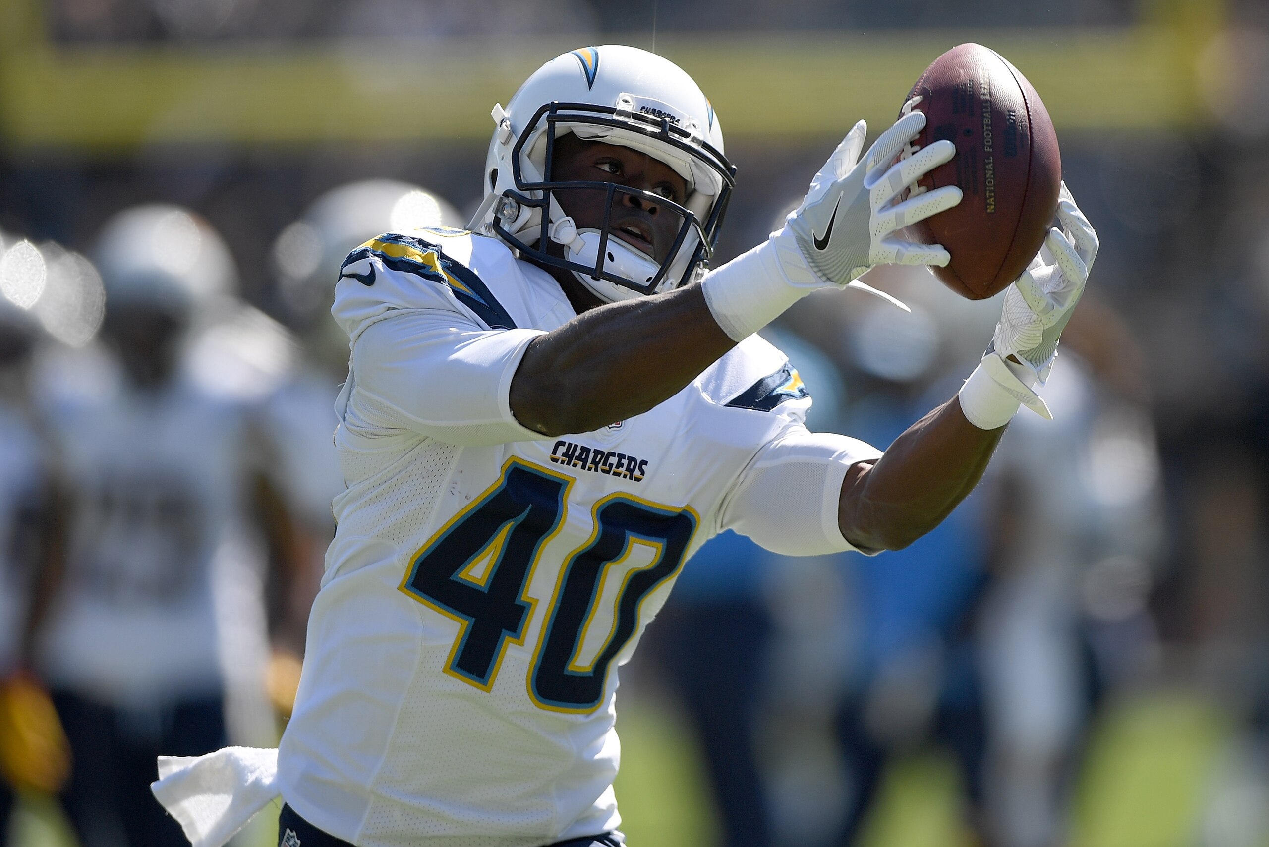 OAKLAND, CA - OCTOBER 09:  Pierre Desir #40 of the San Diego Chargers warms up during pregame warm ups prior to playing the Oakland Raiders in an NFL football game at Oakland-Alameda County Coliseum on October 9, 2016 in Oakland, California.  (Photo by Th