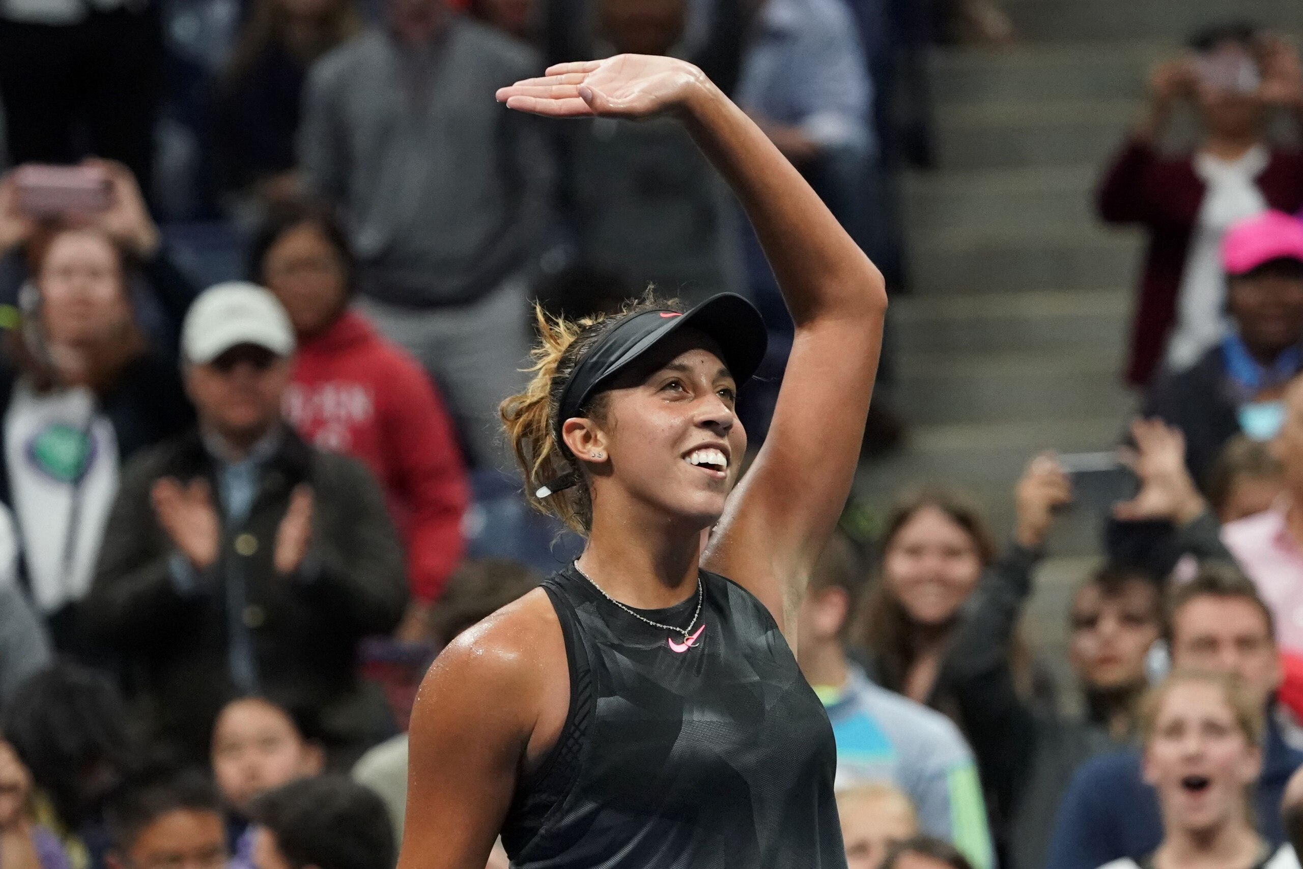 Madison Keys of the US celebrates her victory over Elena Vesnina of Russia during their 2017 US Open Women's Singles match at the USTA Billie Jean King National Tennis Center in New York on September 3, 2017. / AFP PHOTO / DON EMMERT        (Photo credit 