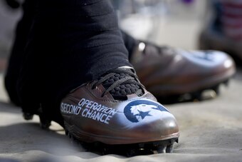 OAKLAND, CA - DECEMBER 04:  A detailed view of the special cleats worn by Ryan Groy #72 of the Buffalo Bills against the Oakland Raiders at the Oakland-Alameda Coliseum on December 4, 2016 in Oakland, California. Some players wore special cleats supportin