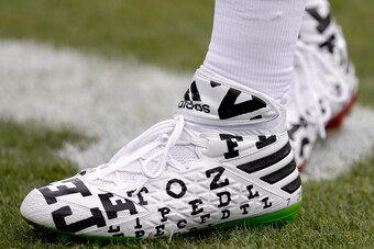 JACKSONVILLE, FL - DECEMBER 4: A close up of the Adidas cleats worn by Linebacker Von Miller #58 of the Denver Broncos during the game against the Jacksonville Jaguars at EverBank Field on December 4, 2016 in Jacksonville, Florida. The Broncos defeated th