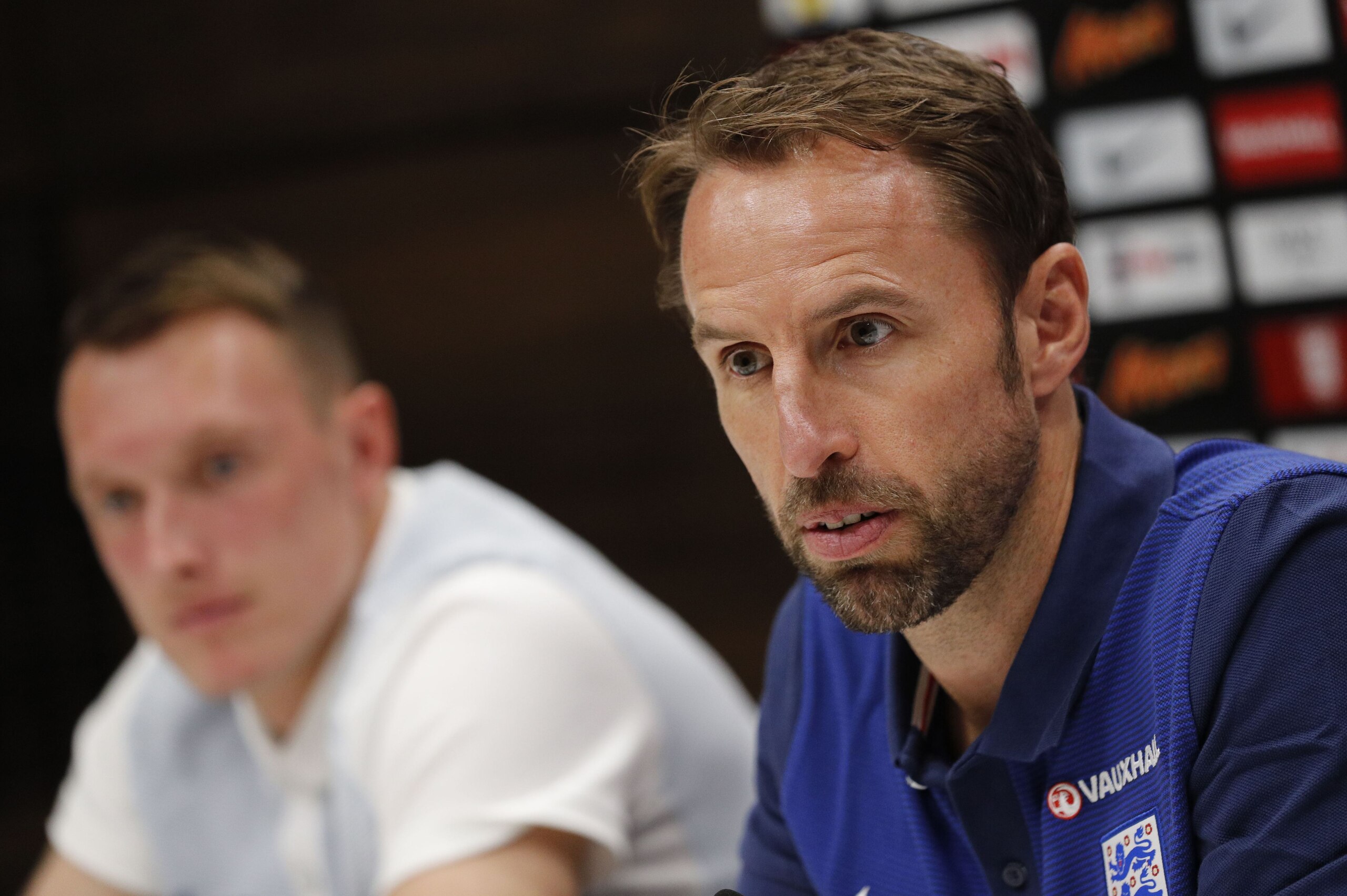 England's manager Gareth Southgate (R) and England's defender Phil Jones attend a press conference at Tottenham Hotspur's training ground in north London on September 3, 2017 ahead of their world cup qualifying football match against Slovakia on September England's manager Gareth Southgate (R) and England's defender Phil Jones attend a press conference at Tottenham Hotspur's training ground in north London on September 3, 2017 ahead of their world cup qualifying football match against Slovakia on September