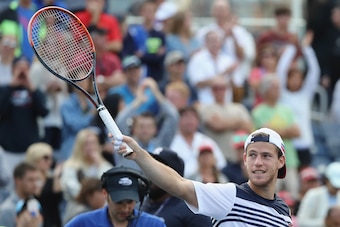 NEW YORK, NY - SEPTEMBER 03:  Diego Schwartzman of Argentina celebrates his men's singles fourth round match win over Lucas Pouille of France on Day Seven of the 2017 US Open at the USTA Billie Jean King National Tennis Center on September 3, 2017 in the 