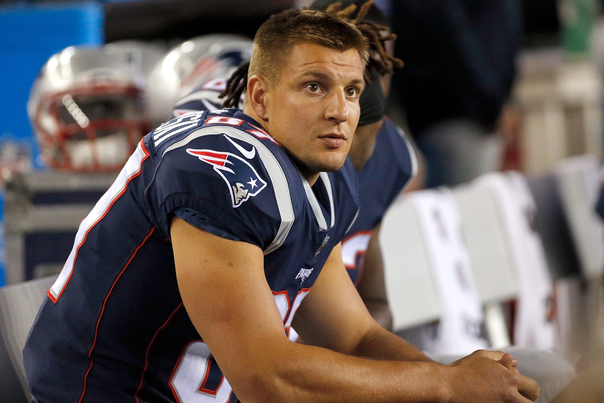 FOXBORO, MA - AUGUST 31: Rob Gronkowski #87 of the New England Patriots watches the action from the sideline in the second half during a preseason game against the New York Giants at Gillette Stadium on August 31, 2017 in Foxboro, Massachusetts. (Photo by
