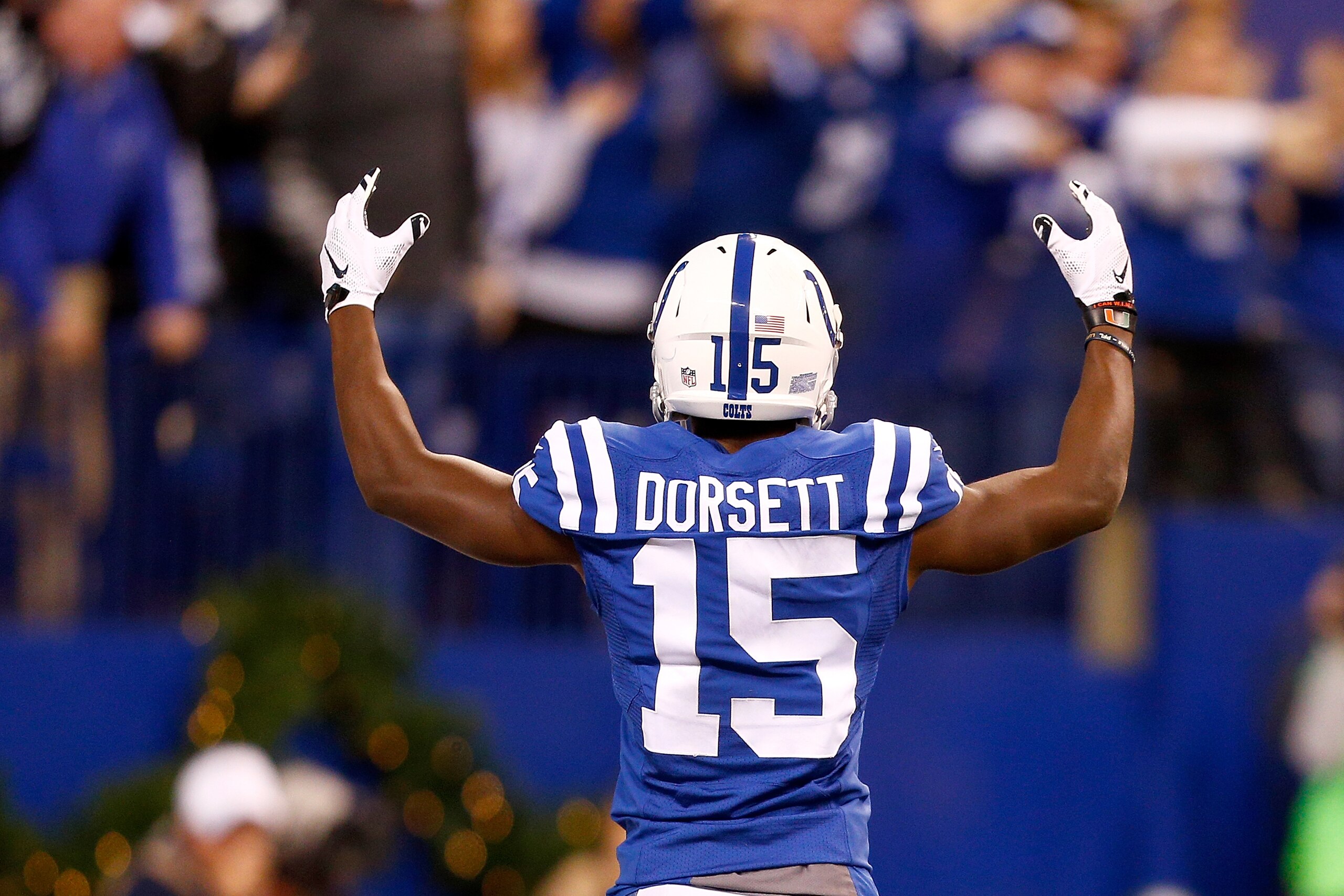 INDIANAPOLIS, IN - DECEMBER 11: Phillip Dorsett #15 of the Indianapolis Colts reacts after an Indianapolis touchdown in the fourth quarter of the game against the Houston Texans at Lucas Oil Stadium on December 11, 2016 in Indianapolis, Indiana.  (Photo b