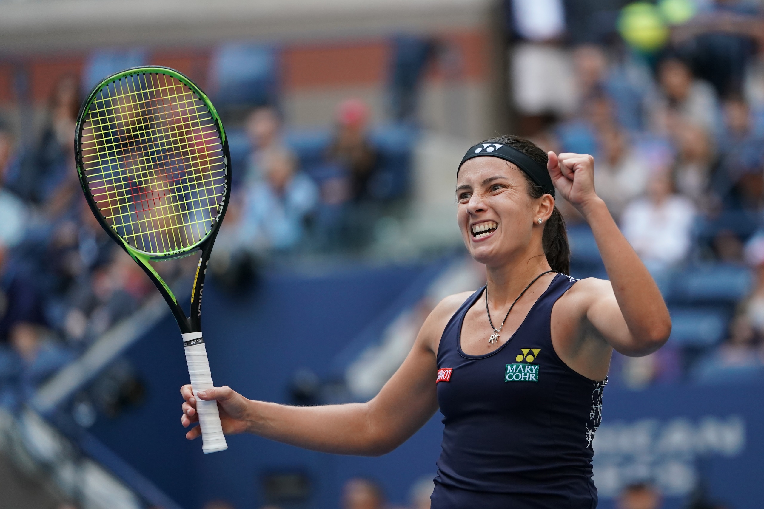 Latvia's Anastasija Sevastova celebrates her win over Russia's Maria Sharapova in her Qualifying Women's Singles match against  at the 2017 US Open Tennis Tournament on September 3rd, 2017 in New York. / AFP PHOTO / Eduardo Munoz Alvarez        (Photo cre
