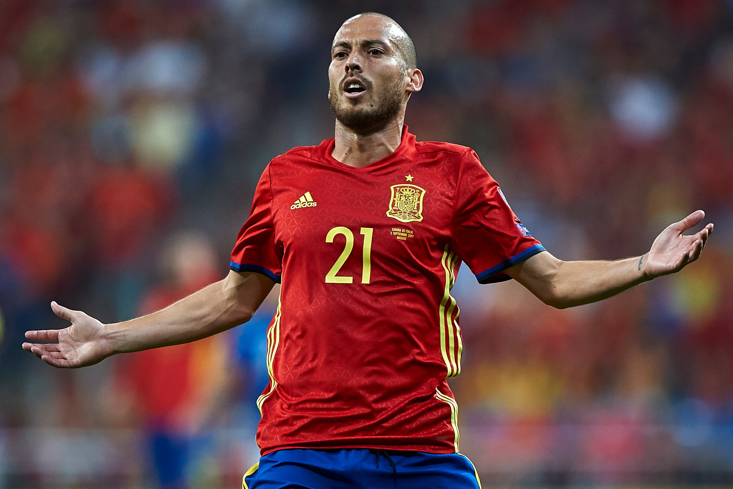 MADRID, SPAIN - SEPTEMBER 02:  David Silva of Spain reacts during the FIFA 2018 World Cup Qualifier between Spain and Italy at Estadio Santiago Bernabeu on September 2, 2017 in Madrid, Spain.  (Photo by fotopress/Getty Images)