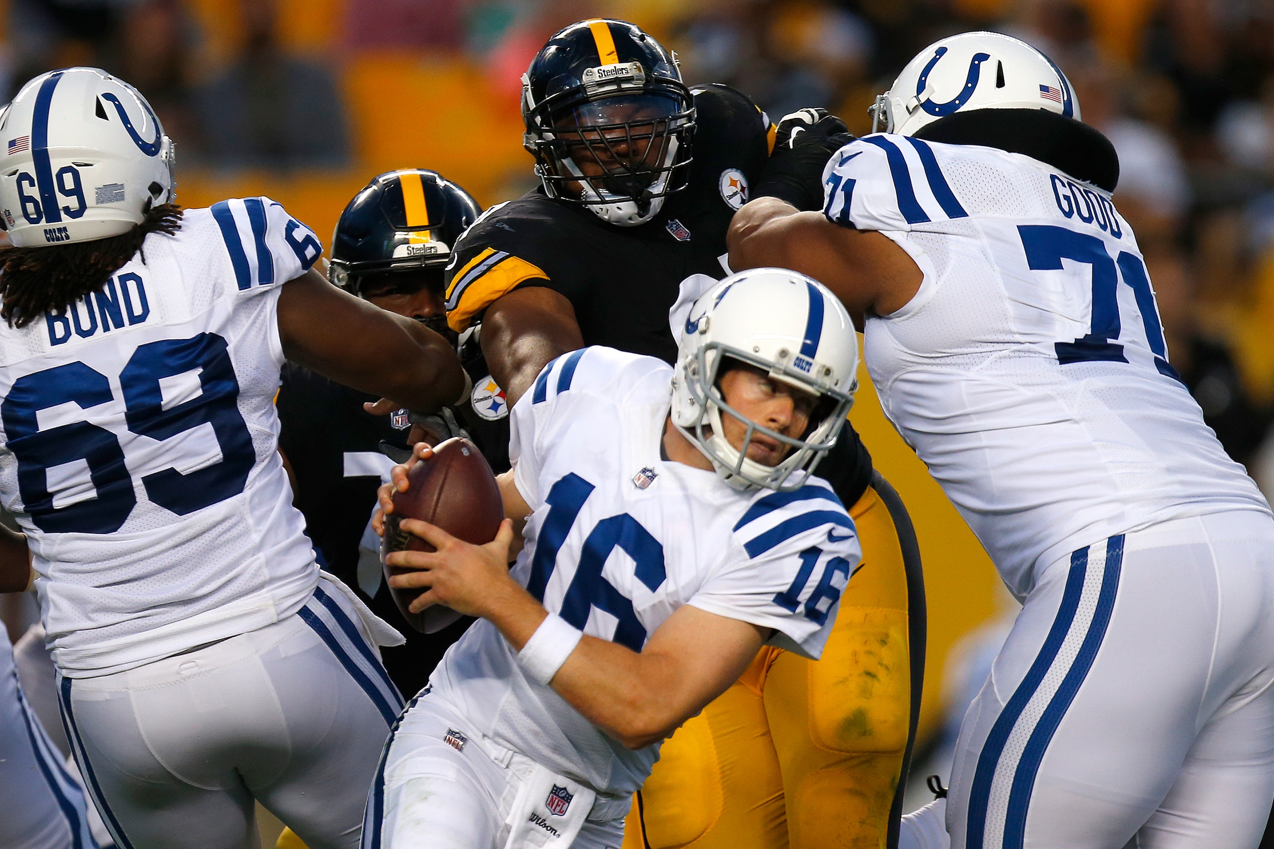 PITTSBURGH, PA - AUGUST 26:  Stephon Tuitt #91 of the Pittsburgh Steelers pressures Scott Tolzien #16 of the Indianapolis Colts during a preseason game on August 26, 2017 at Heinz Field in Pittsburgh, Pennsylvania.  (Photo by Justin K. Aller/Getty Images)