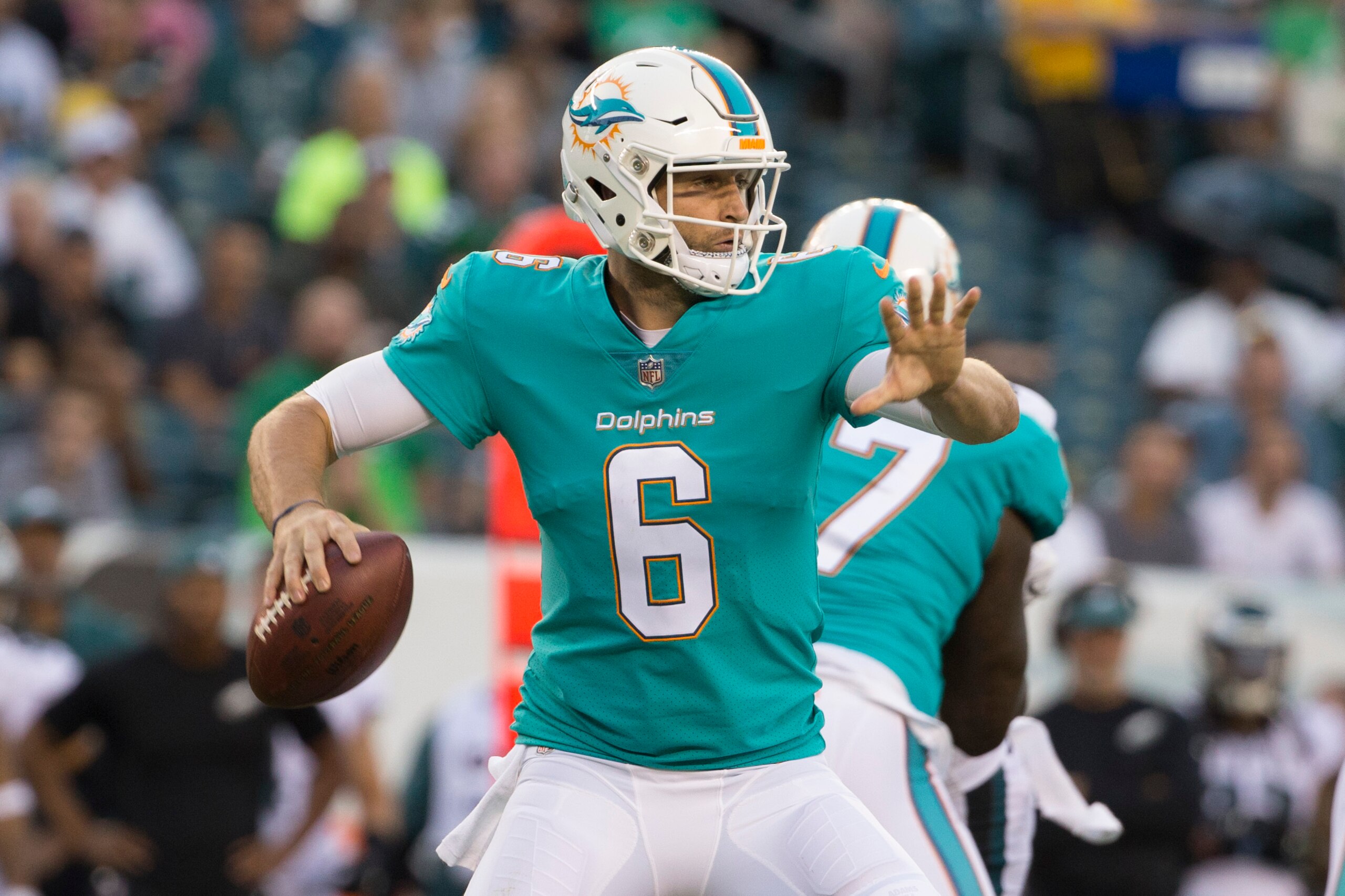 PHILADELPHIA, PA - AUGUST 24: Jay Cutler #6 of the Miami Dolphins passes the ball against the Philadelphia Eagles in the preseason game at Lincoln Financial Field on August 24, 2017 in Philadelphia, Pennsylvania. The Eagles defeated the Dolphins 38-31. (P