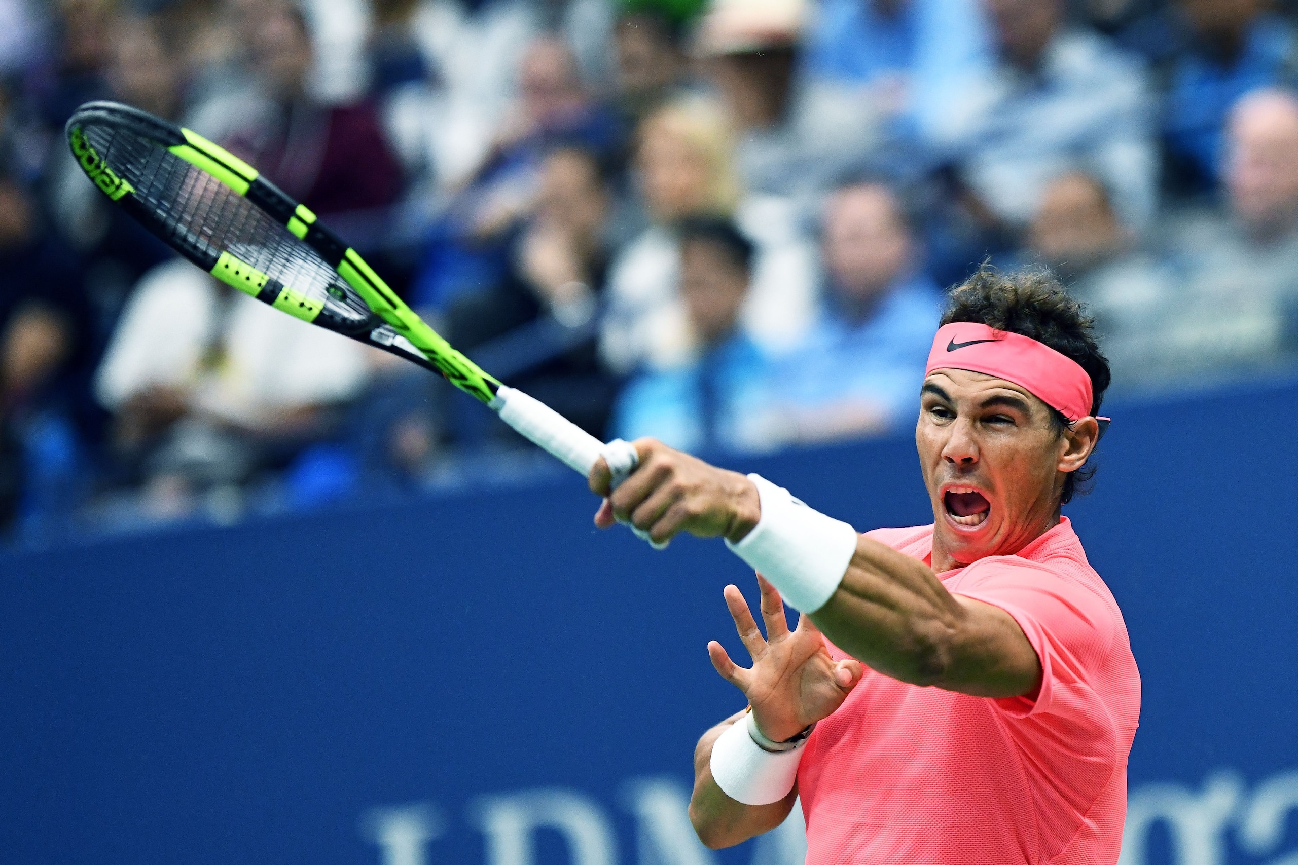 Spain's Rafael Nadal returns the ball to Russia's Andrey Rublev during their 2017 US Open Men's Singles Quarterfinal match at the USTA Billie Jean King National Tennis Center in New York on September 6, 2017. / AFP PHOTO / Jewel SAMAD        (Photo credit