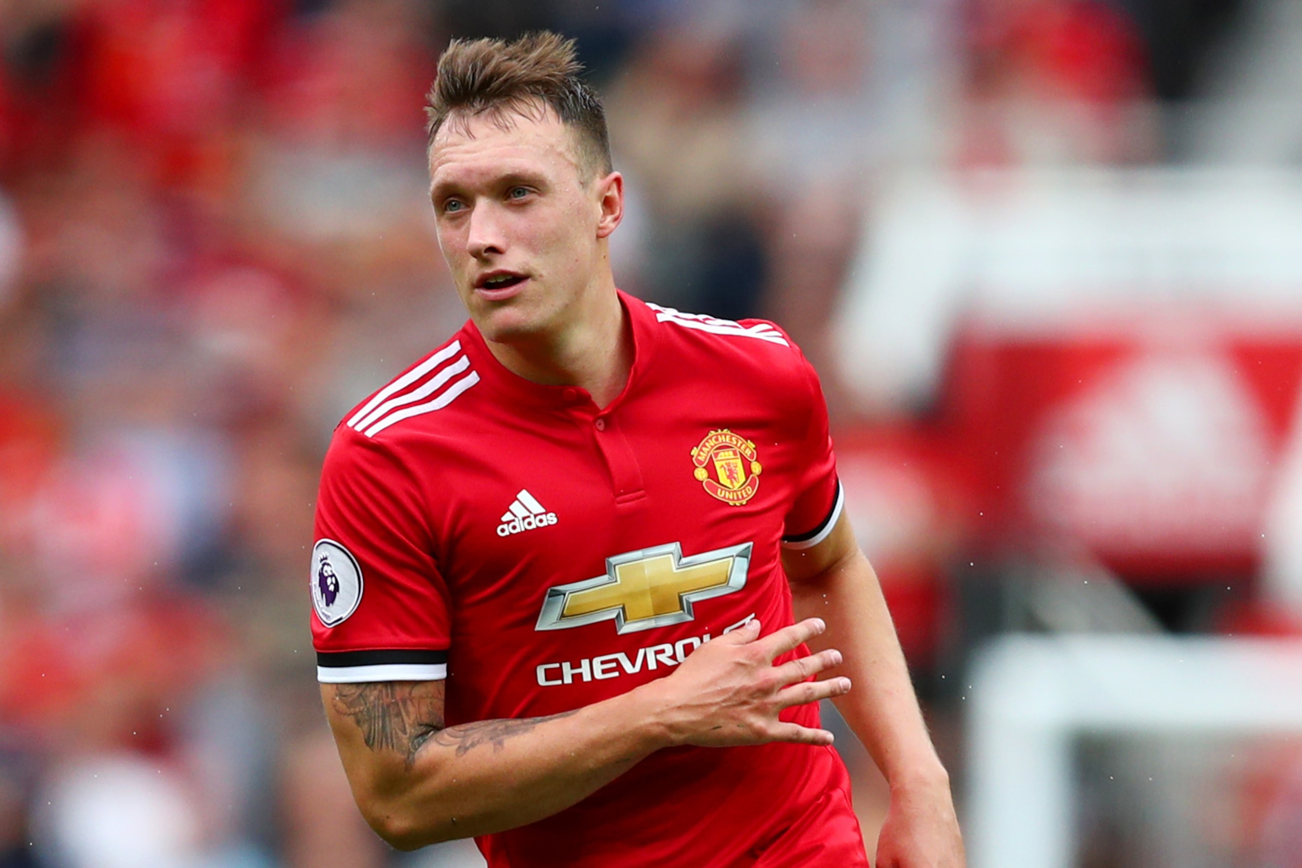 MANCHESTER, ENGLAND - AUGUST 13:  Phil Jones of Manchester United runs during the Premier League match between Manchester United and West Ham United at Old Trafford on August 13, 2017 in Manchester, England.  (Photo by Dan Istitene/Getty Images)