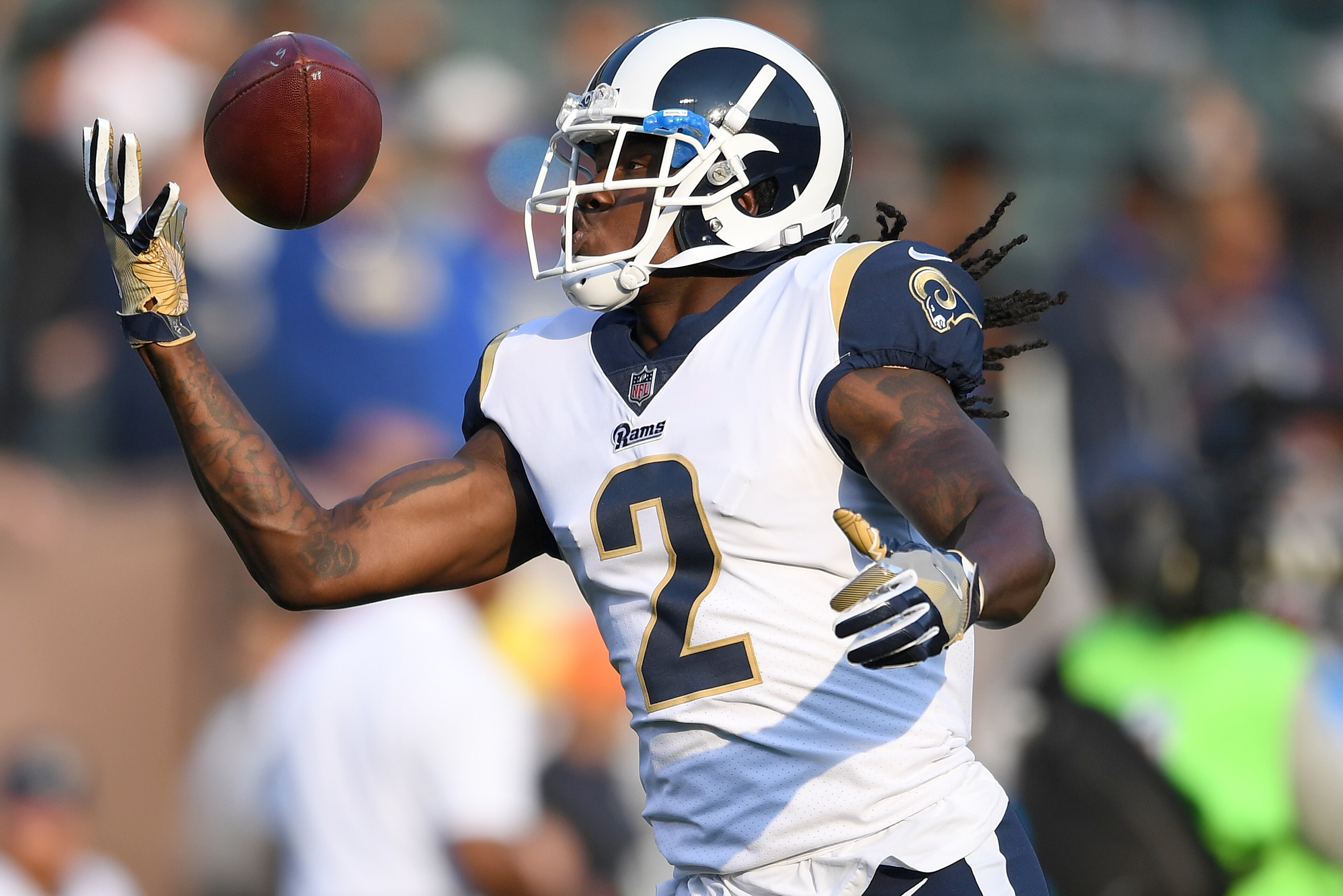 OAKLAND, CA - AUGUST 19:  Sammy Watkins #2 of the Los Angeles Rams warms up during pregame warm ups prior to playing the Oakland Raiders in an NFL preseason football game at Oakland-Alameda County Coliseum on August 19, 2017 in Oakland, California.  (Phot