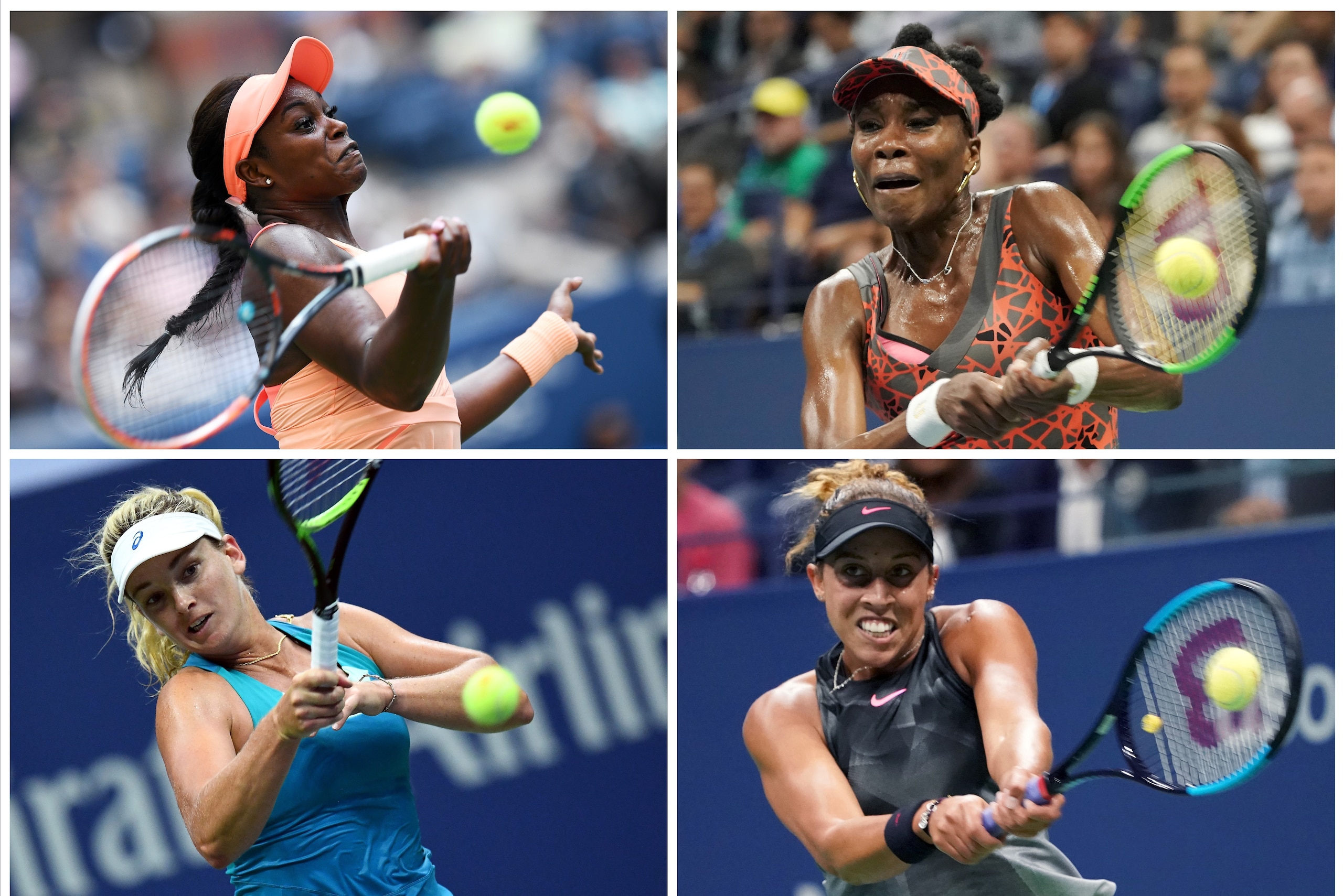 This combination made on September 6, 2017 of four photos shows US tennis players Sloane Stephens (top-L), Venus Williams (top-R), CoCo Vandeweghe (bottom-L) and Madison Keys playing during their 2017 US Open Women's Quarterfinal matches in New York.
US This combination made on September 6, 2017 of four photos shows US tennis players Sloane Stephens (top-L), Venus Williams (top-R), CoCo Vandeweghe (bottom-L) and Madison Keys playing during their 2017 US Open Women's Quarterfinal matches in New York.
US