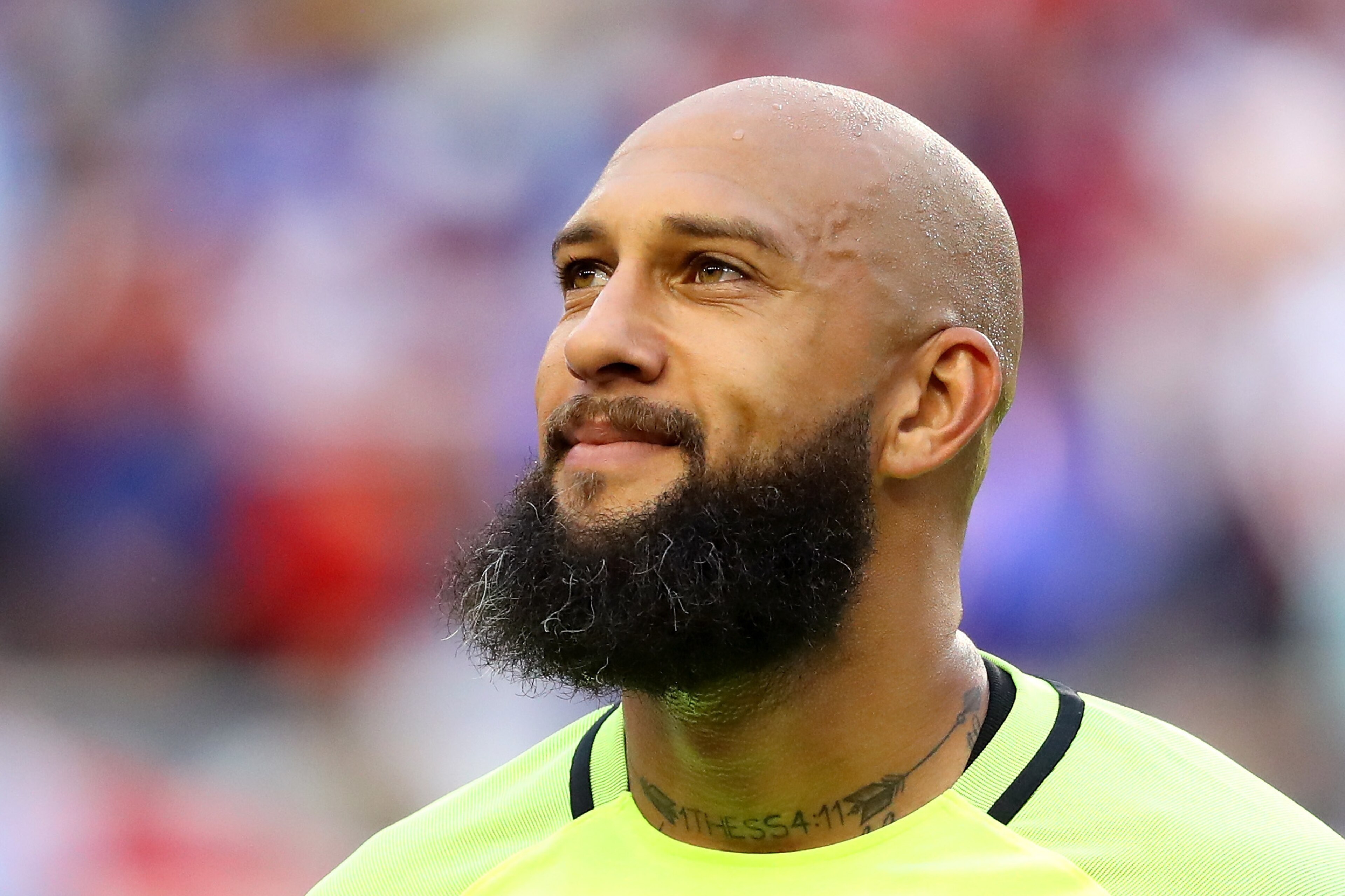 HARRISON, NJ - SEPTEMBER 01:  Tim Howard #1 of the United States looks on during the national anthems before the FIFA 2018 World Cup Qualifier against Costa Riagainst the Costa Ricaat Red Bull Arena on September 1, 2017 in Harrison, New Jersey.  (Photo by