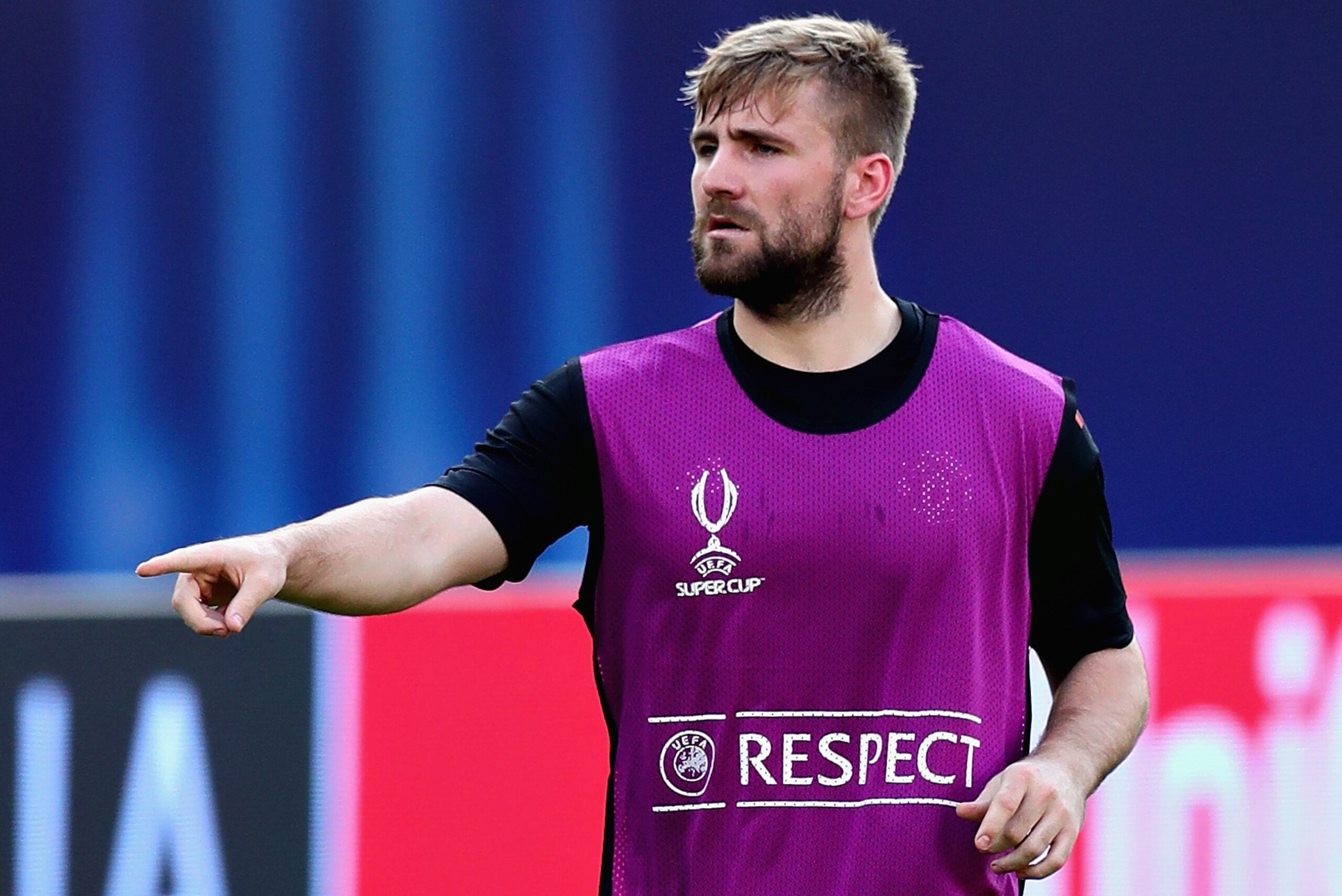 SKOPJE, MACEDONIA - AUGUST 07:  Luke Shaw in action during a Manchester United training session ahead of the UEFA Super Cup at the National Arena Filip II Macedonian on August 7, 2017 in Skopje, Macedonia.  (Photo by Chris Brunskill Ltd/Getty Images)