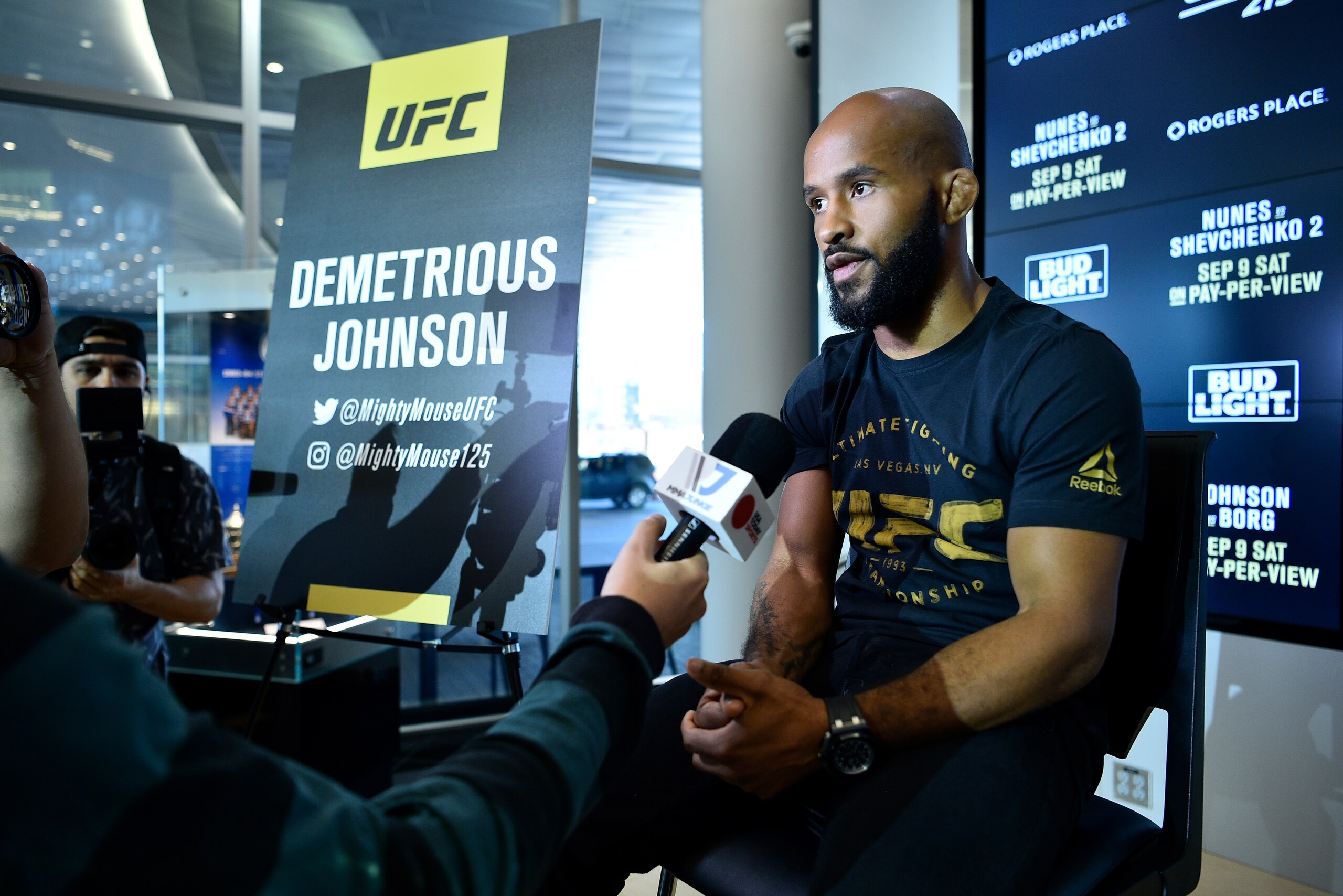 EDMONTON, AB - SEPTEMBER 06:  UFC flyweight champion Demetrious Johnson speaks to the media during the UFC 215 Ultimate Media Day at Rogers Place on September 6, 2017 in Edmonton, Alberta, Canada. (Photo by Jeff Bottari/Zuffa LLC/Zuffa LLC via Getty Image