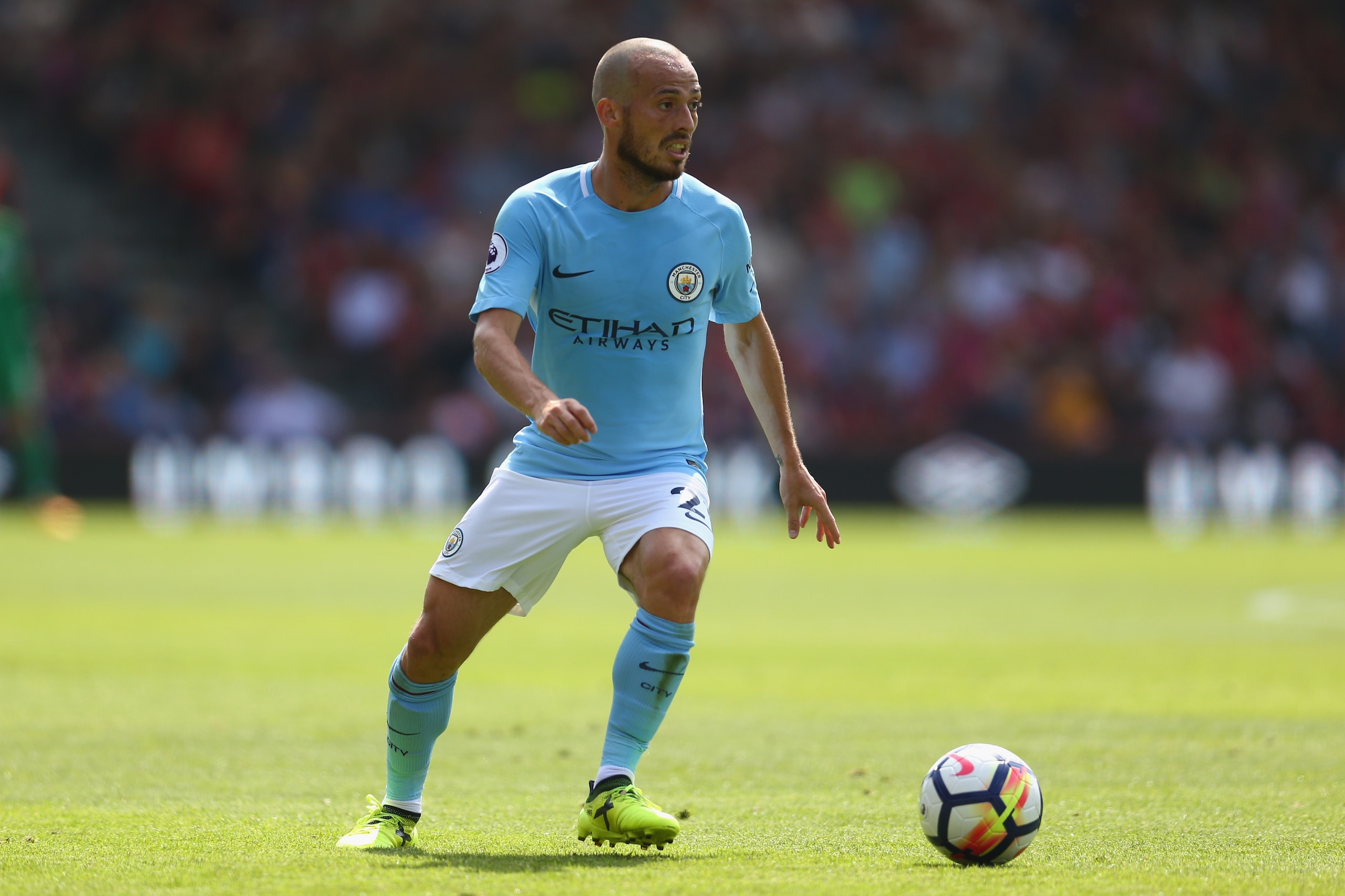 BOURNEMOUTH, ENGLAND - AUGUST 26: David Silva of Manchester City in action during the Premier League match between AFC Bournemouth and Manchester City at Vitality Stadium on August 26, 2017 in Bournemouth, England. (Photo by Steve Bardens/Getty Images)