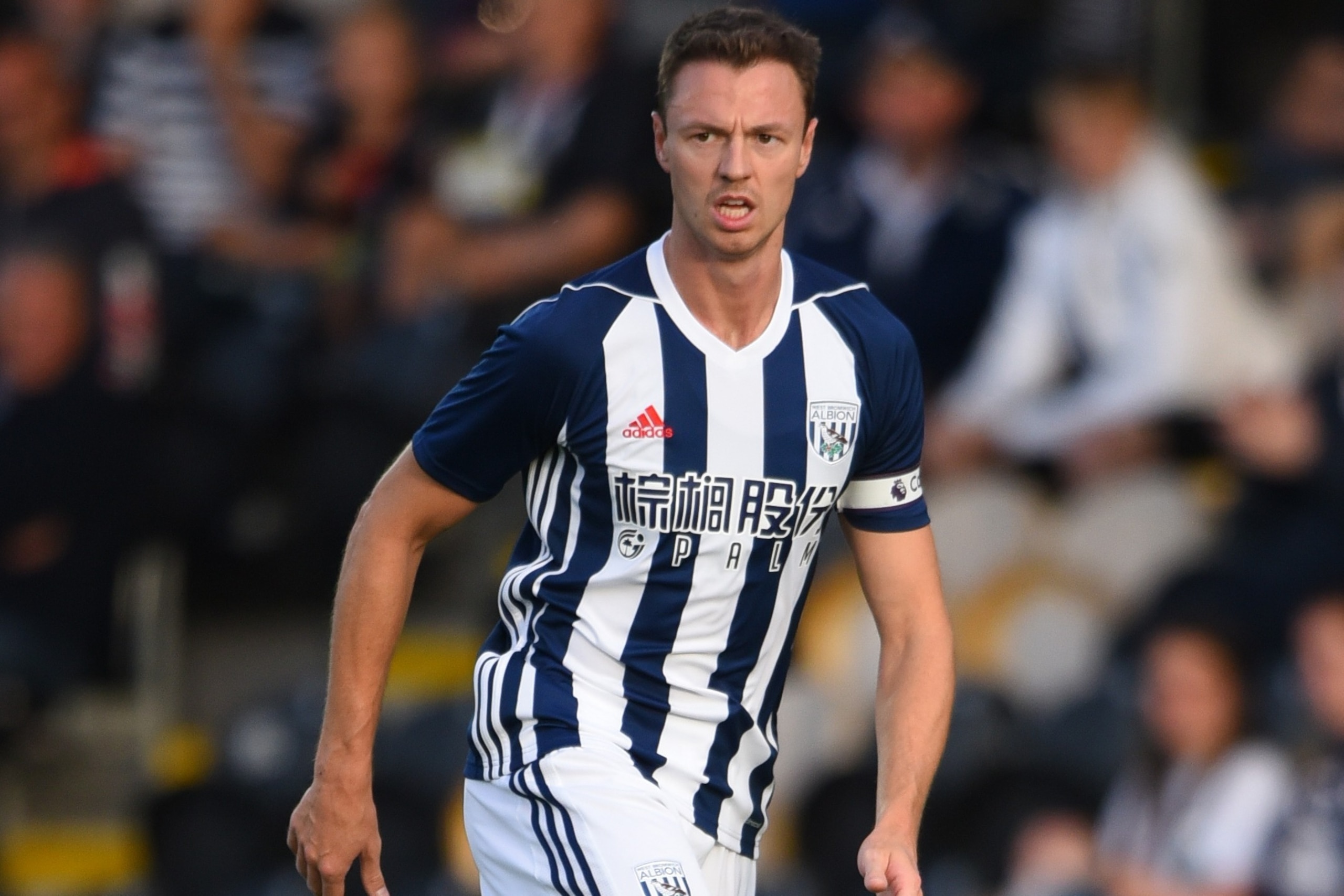 BURTON-UPON-TRENT, ENGLAND - JULY 26: Jonny Evans of West Bromwich Albion in action during the pre season friendly match between Burton Albion and West Bromwich Albion at Pirelli Stadium on July 26, 2017 in Burton-upon-Trent, England. (Photo by Nathan Sti