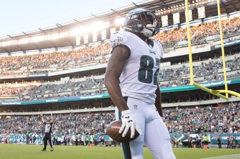 PHILADELPHIA, PA - AUGUST 24: Torrey Smith #82 of the Philadelphia Eagles reacts after scoring a touchdown against the Miami Dolphins in the preseason game at Lincoln Financial Field on August 24, 2017 in Philadelphia, Pennsylvania. The Eagles defeated th