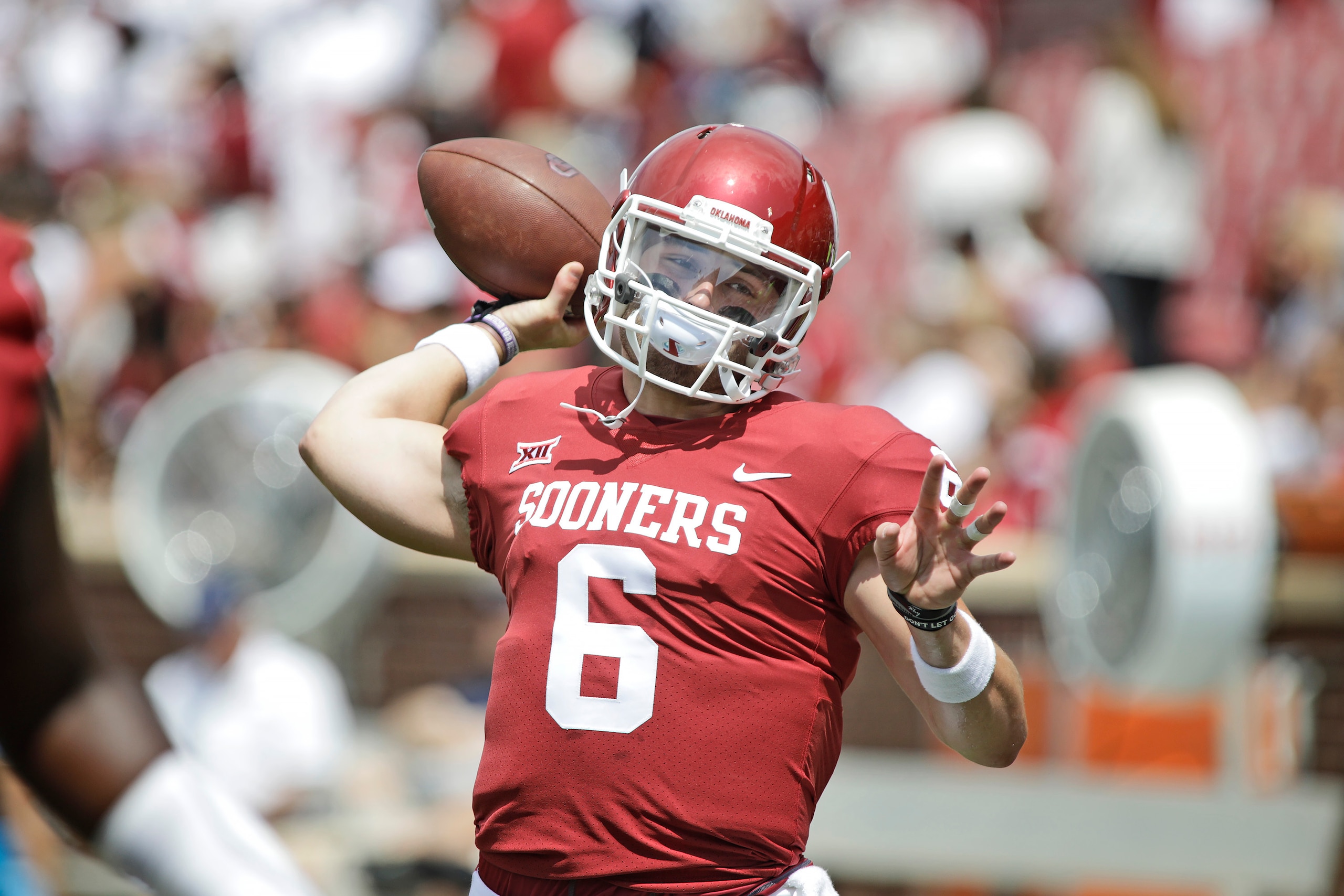 NORMAN, OK - SEPTEMBER 02: Quarterback Baker Mayfield #6 of the Oklahoma Sooners warms up before the game against the UTEP Miners at Gaylord Family Oklahoma Memorial Stadium on September 2, 2017 in Norman, Oklahoma. Oklahoma defeated UTEP 56-7. (Photo by 