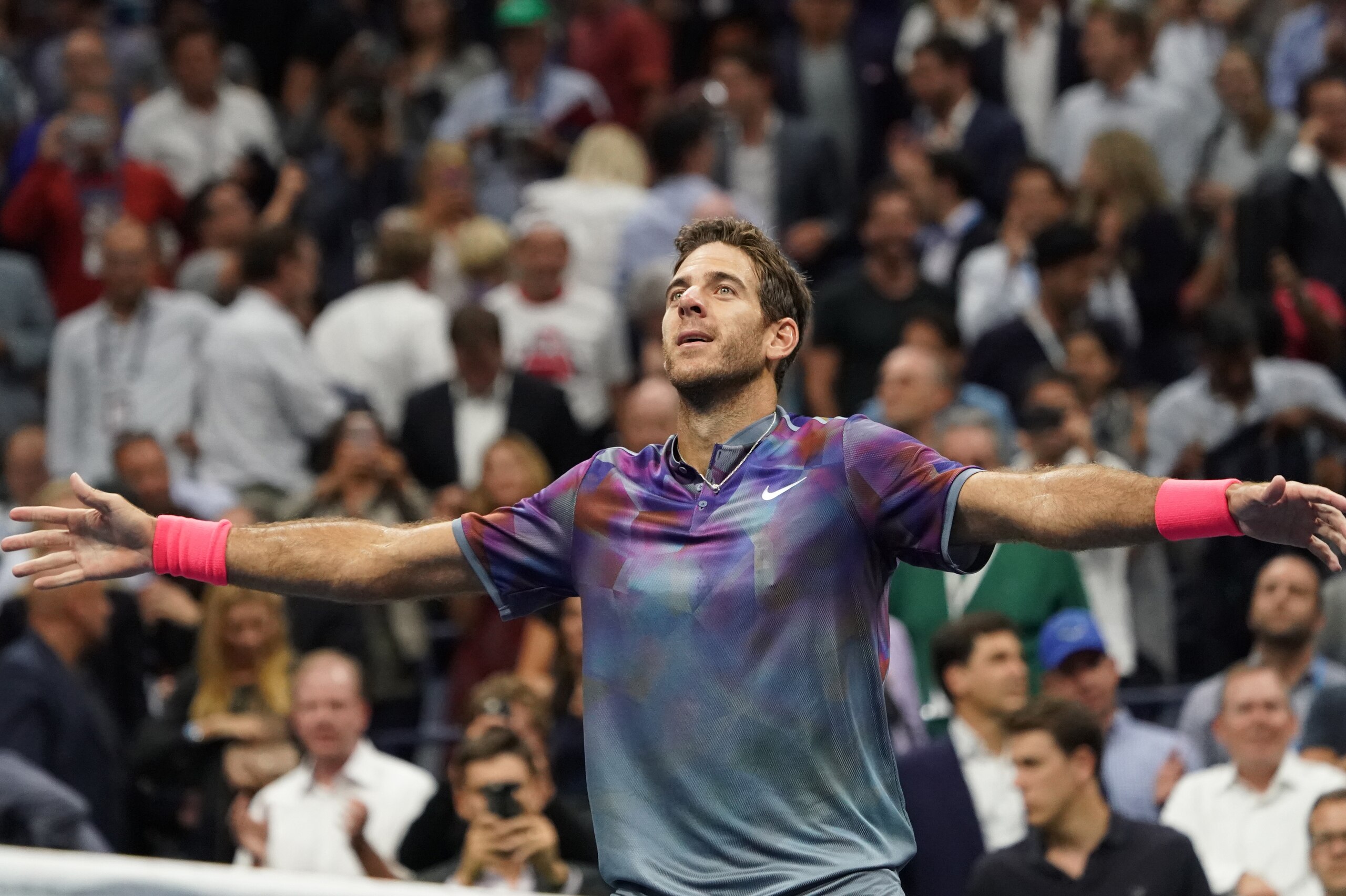 Juan Martin del Potro of Argentina reacts to his victory over Roger Federer of Switzerland  during their 2017 US Open Men's Singles quarter finals match at the USTA Billie Jean King National Tennis Center in New York on September 6, 2017. / AFP PHOTO / DO