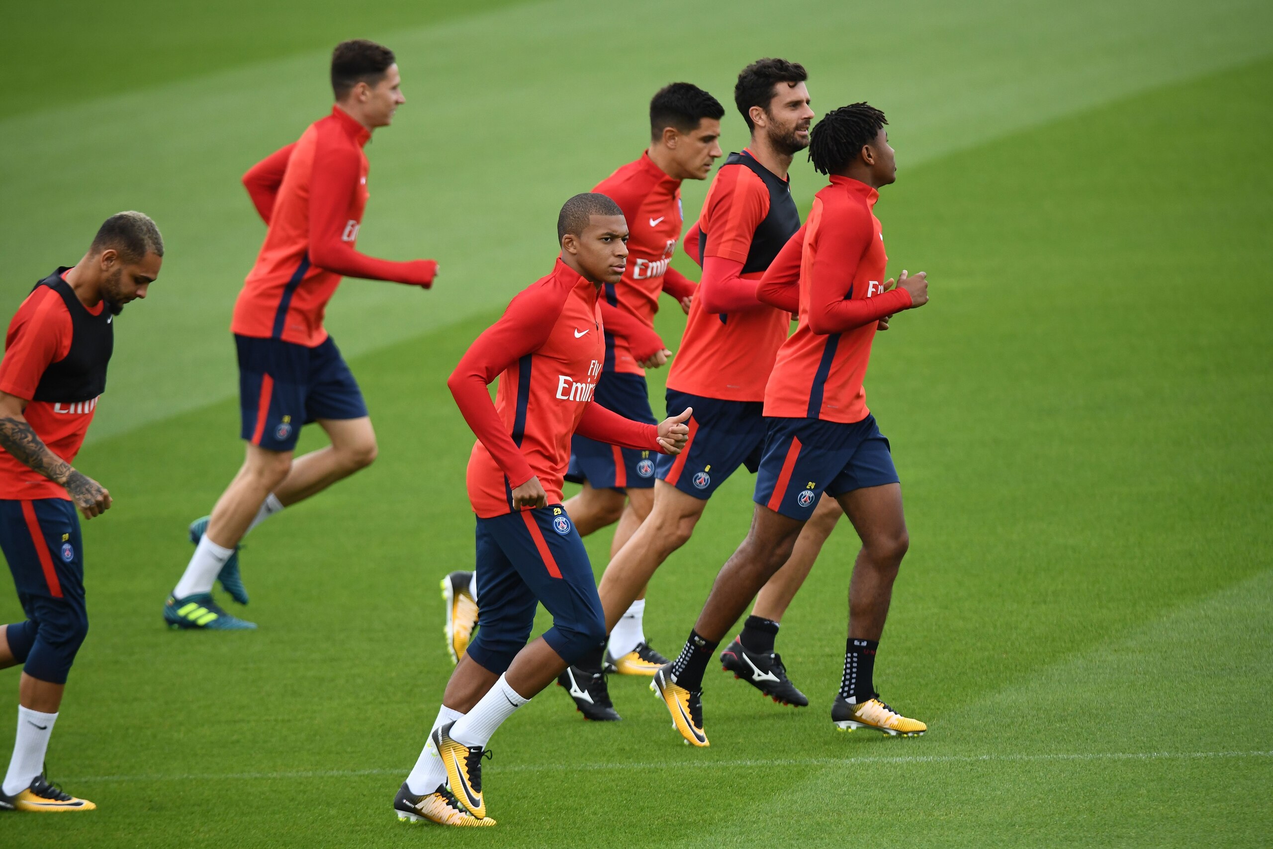 (LtoR) Paris Saint-Germain's French defender Layvin Kurzawa, Paris Saint-Germain's German midfielder Julian Draxler, Paris Saint-Germain's French forward Kylian Mbappe, Paris Saint-Germain's Spanish defender Yuri Berchiche, Paris Saint-Germain's Italian m